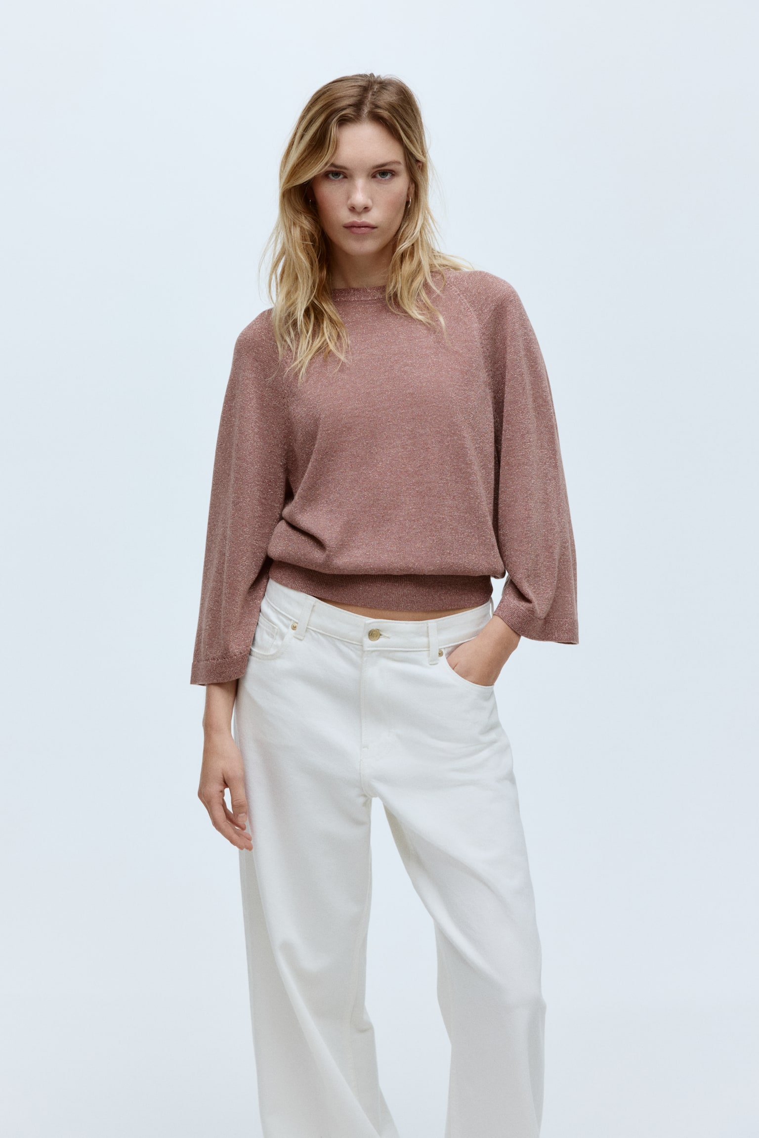 Fine-knit glittery top - Dusty pink marl/Dark grey/Dark khaki green - 4