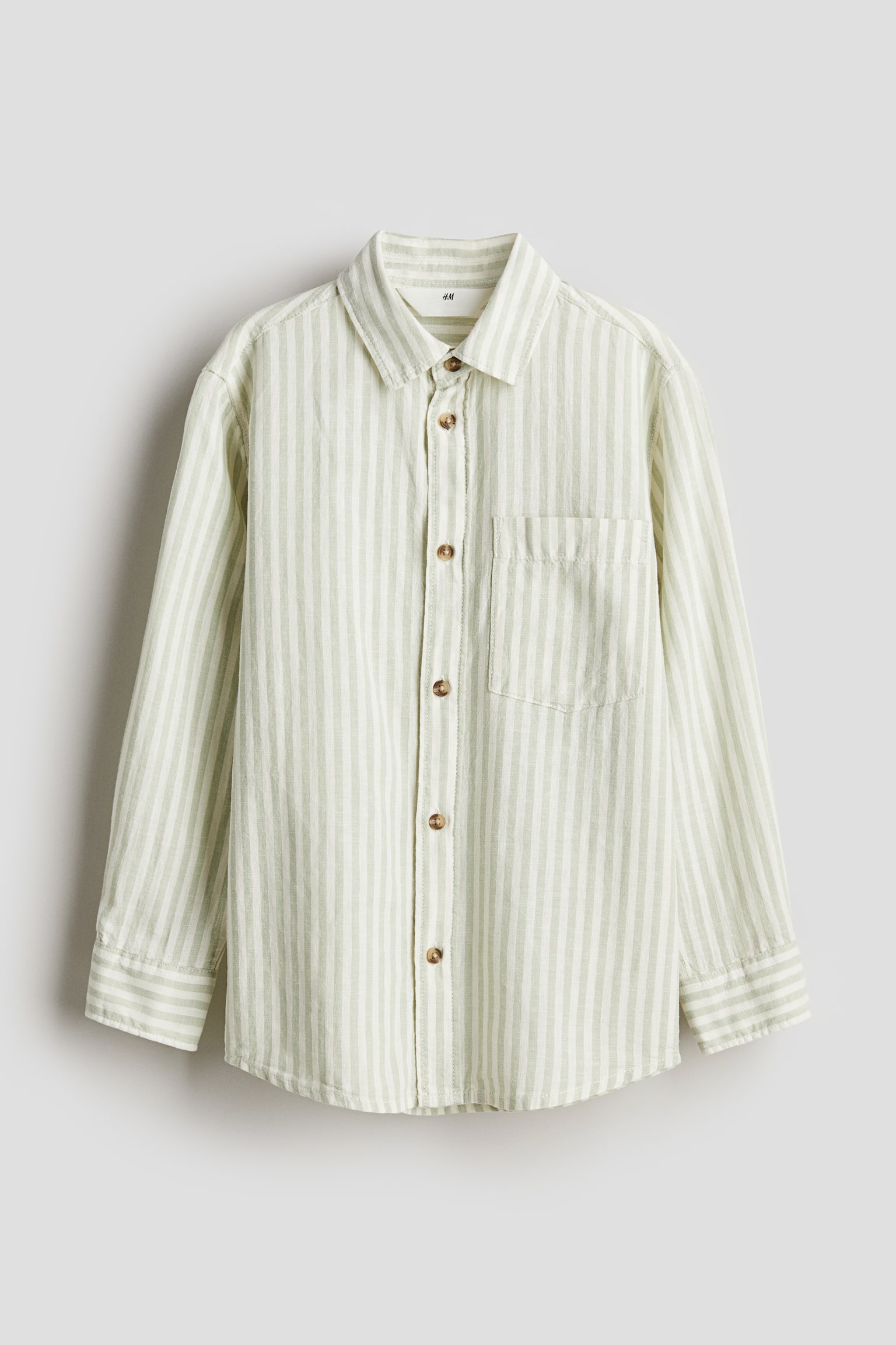 Long-sleeved linen-blend shirt - Light green/Striped/Light beige - 1