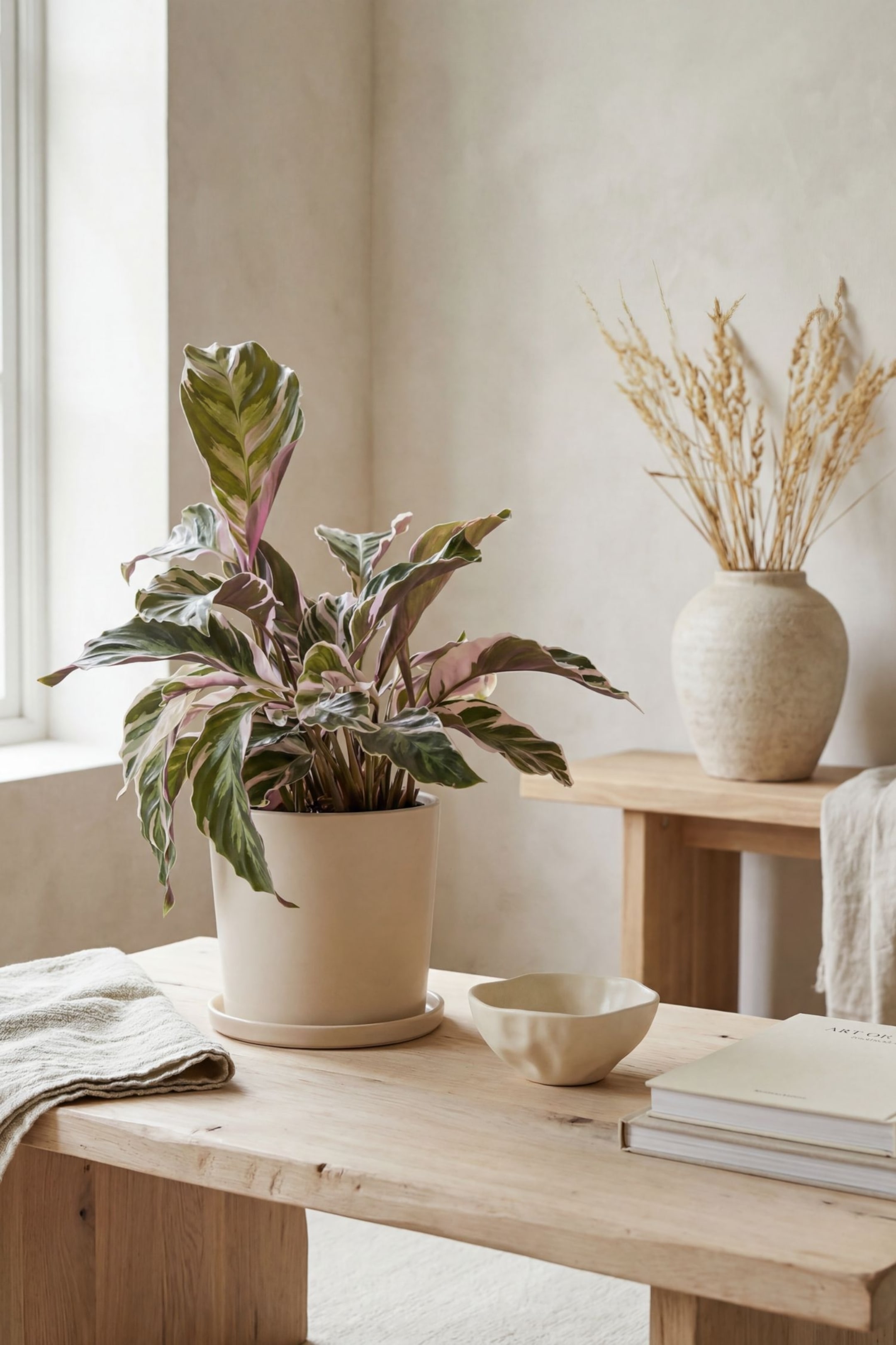 Grotere afbeelding bekijken: Een bonte calathea plant groeit in een crèmekleurige cilindervormige pot, die op een bijpassende schotel staat. De bladeren vertonen duidelijke patronen van groen, wit en roze, en spreiden zich naar buiten uit, waardoor de volledige vorm van de plant vanuit een vooraanzicht wordt getoond.
