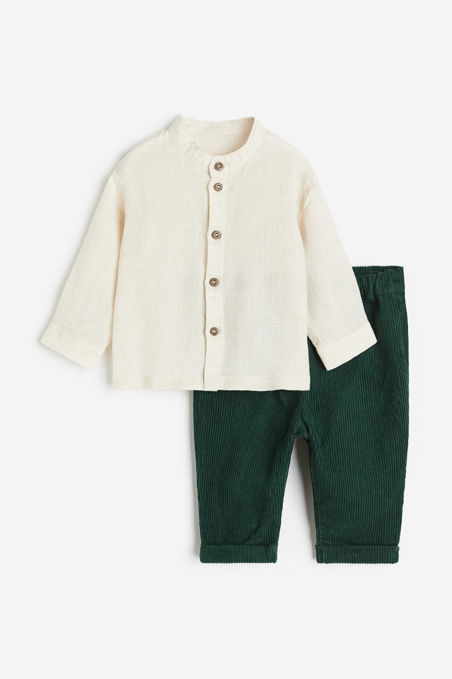 2-piece Grandad Shirt & Pants Set - Light beige/Dark green - 1