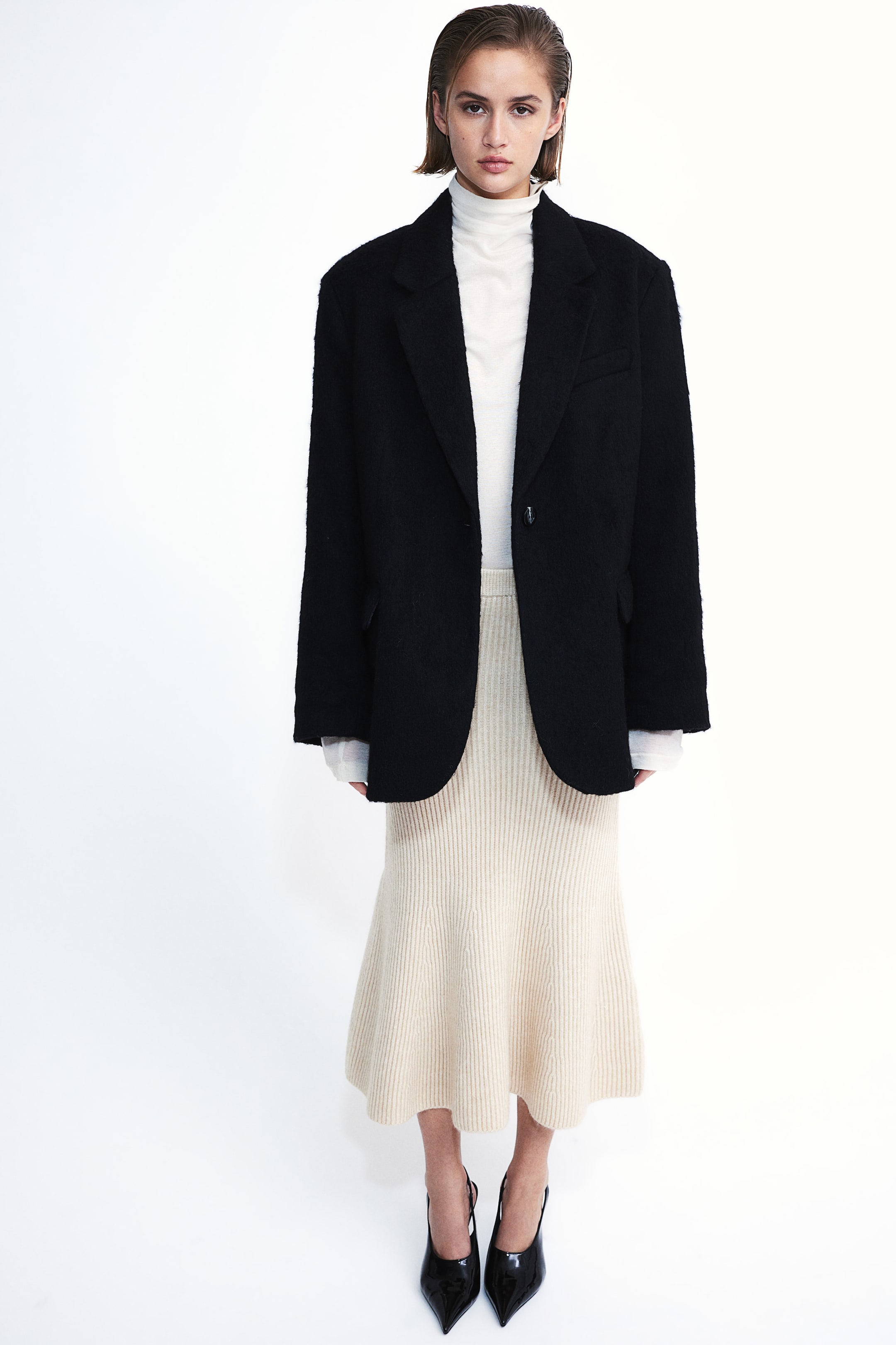 Oversized wool-blend blazer - Long sleeve - Long - Black - Ladies | H&M GB