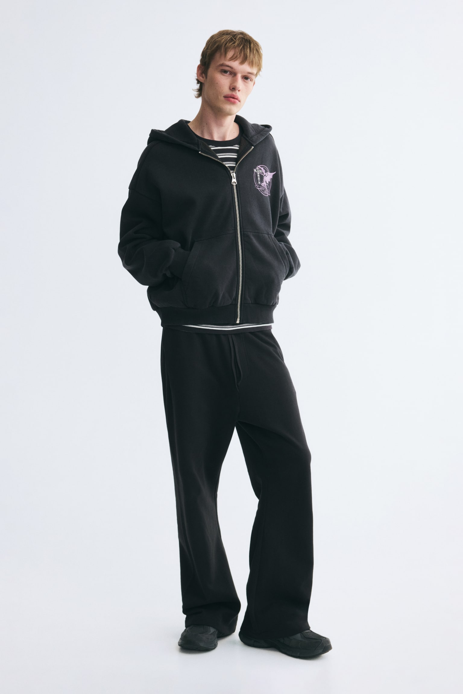 Мужское худи H&M Oversized Fit Printed zip-through, цвет: Угольный серый / Чёрный — фото 5