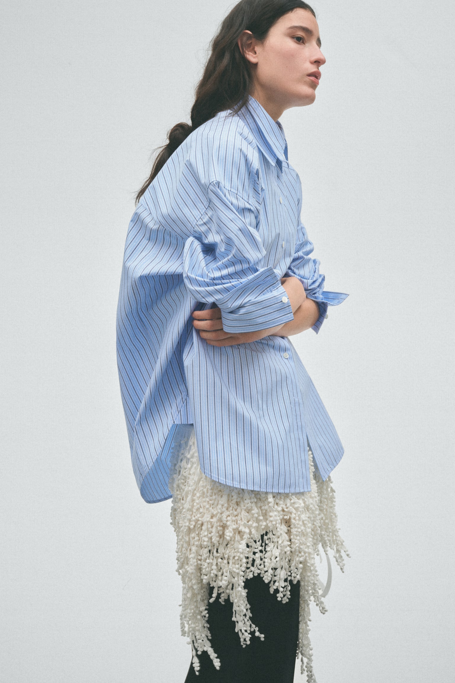 Женская рубашка H&M Layered-Look Poplin, цвет: Светлый синий / Полосатый — фото 5