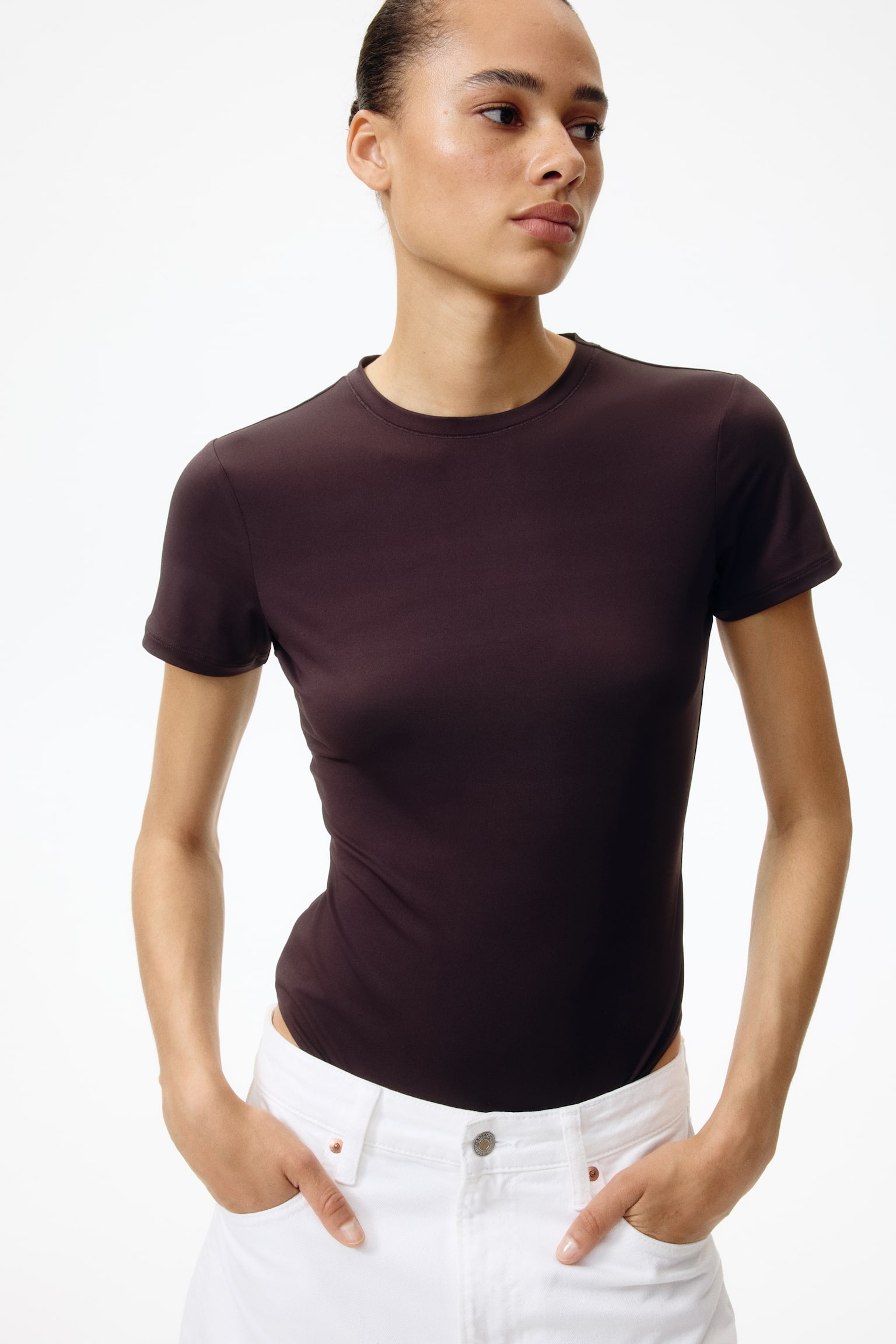 Боди Short-Sleeved, микрофибра — H&M, цвет: Тёмный коричневый — фото 3