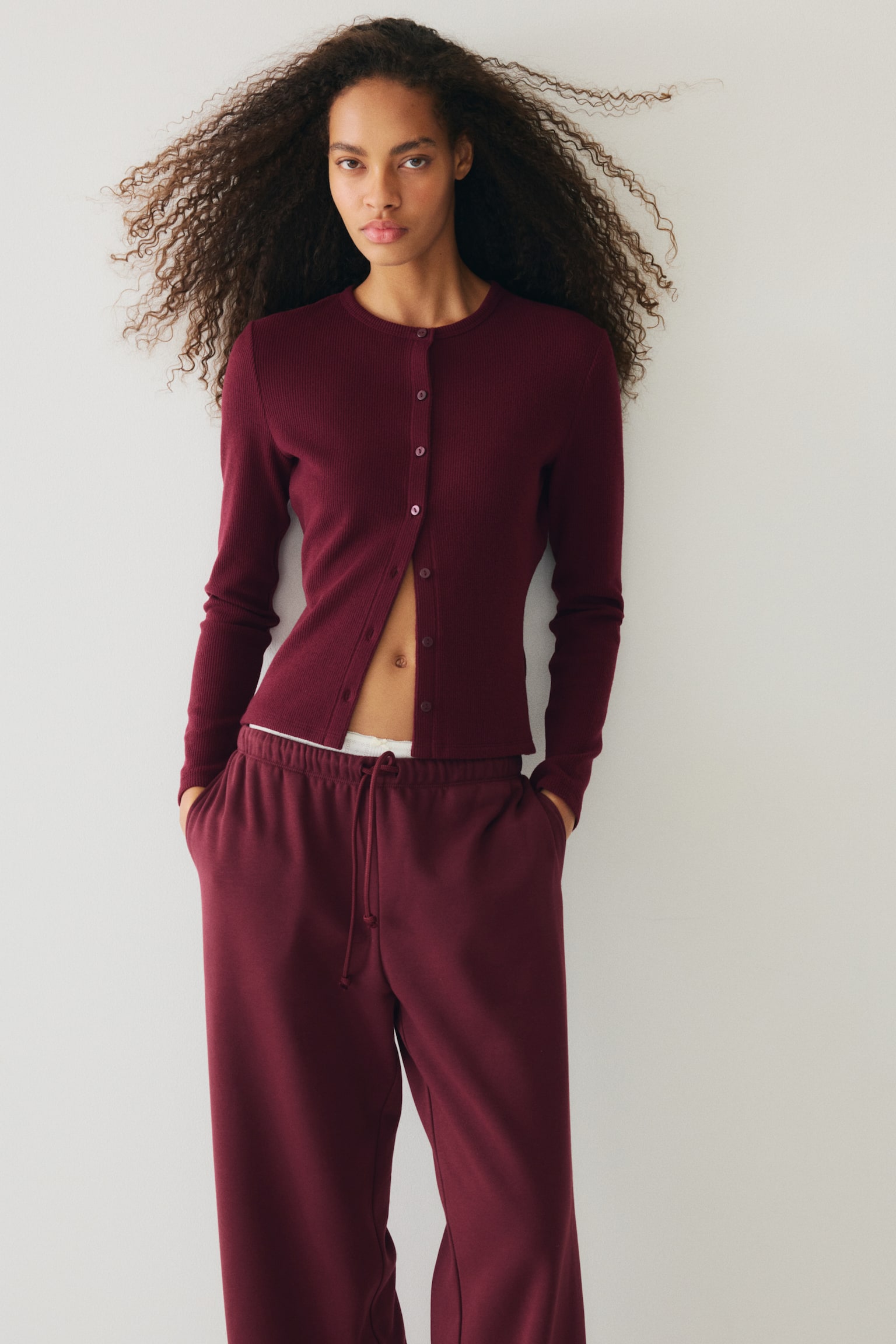 Waffled cardigan - Burgundy/Dark brown/Grey/Light blue - 1