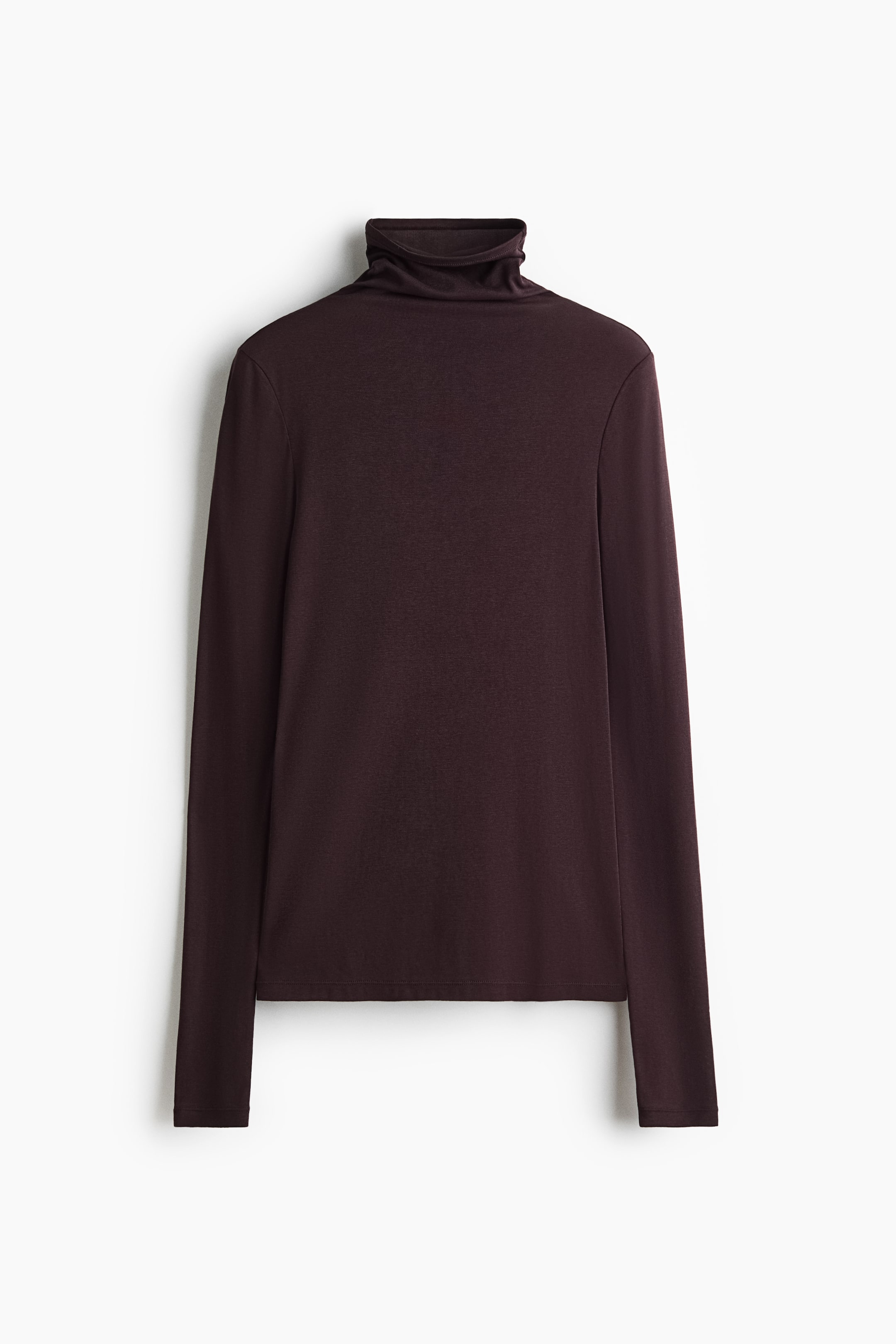 View larger image: A dark brown pima cotton jersey top is shown from the front, featuring a turtleneck and extra-long sleeves.