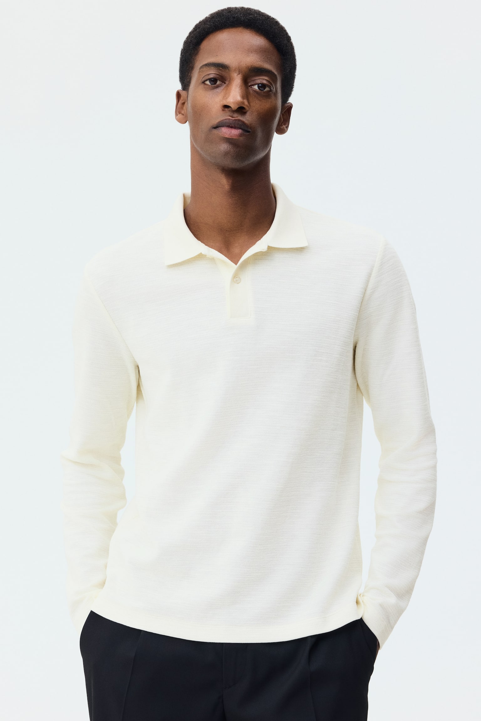 Slim Fit Long-sleeve polo shirt - Cream/Dark grey - 1