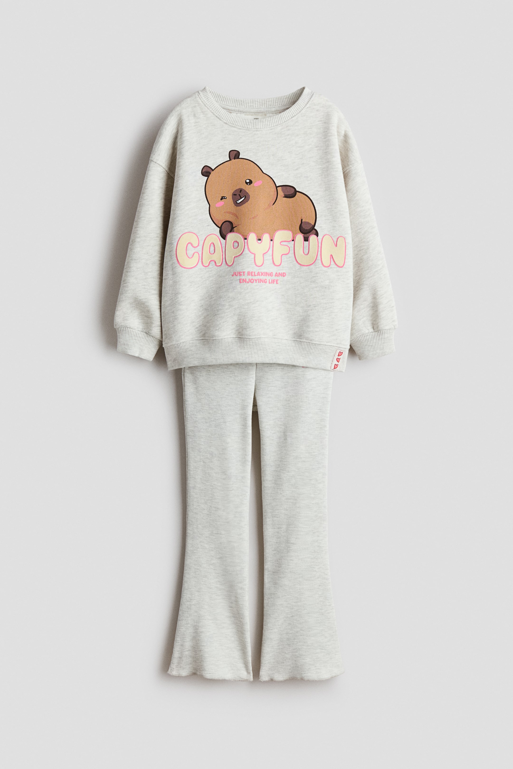 View larger image: The product, a light grey sweatshirt and matching ribbed leggings set, is showcasing its front. The sweatshirt features a cartoon capybara print with 'Capyfun' text, a round ribbed neckline, low dropped shoulders, and ribbed cuffs and hem. The ribbed leggings are crafted with flared legs and overlocked hems.