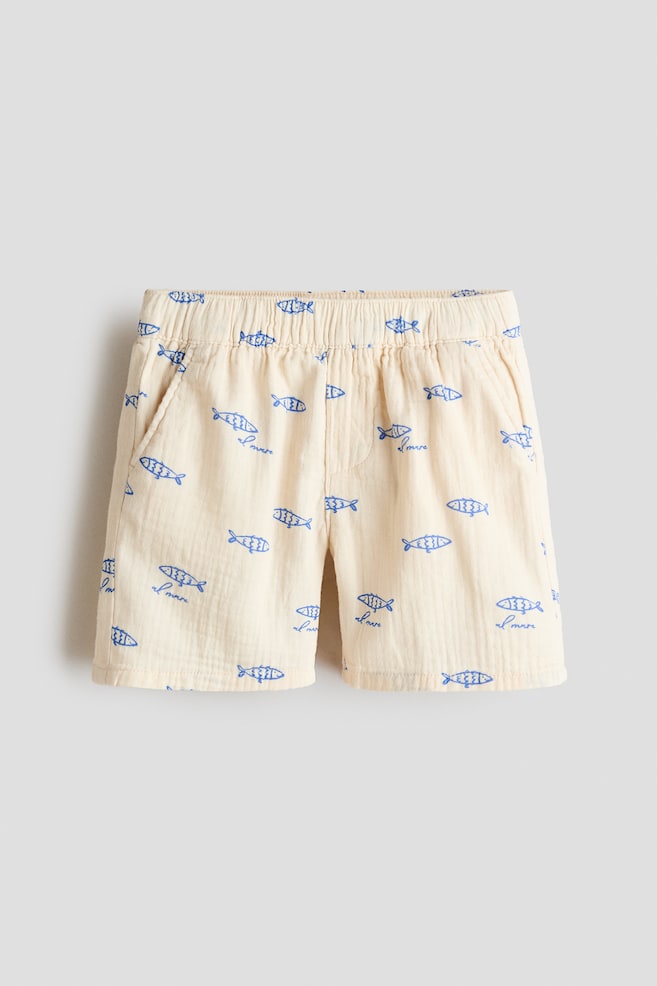 Cotton Muslin Shorts - Cream/fish/Dark green/palm trees - 1