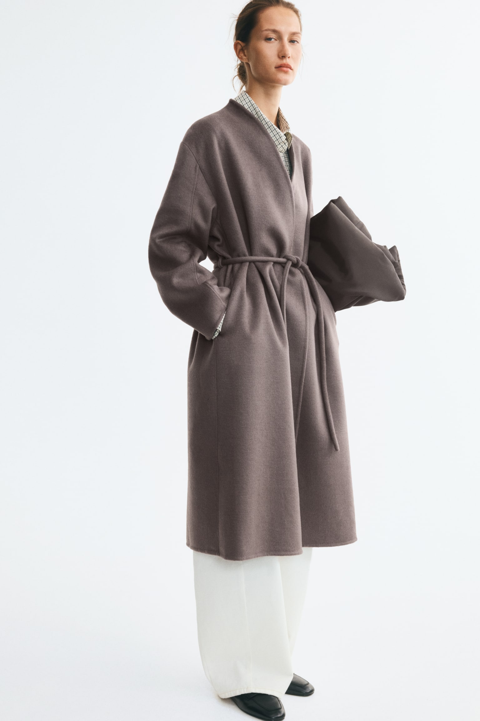 Женское пальто H&M Wool-Blend Tie-Belt, цвет: Пыльный серый — фото 6