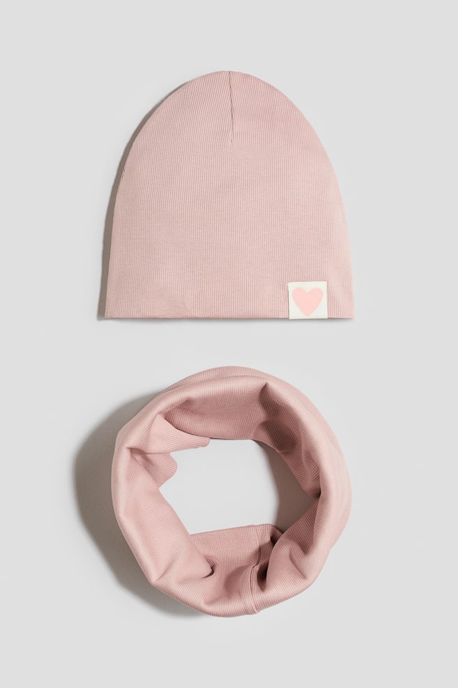 2-piece Beanie and Tube Scarf Set - Light pink/heart/White/floral/Beige/leopard print - 1