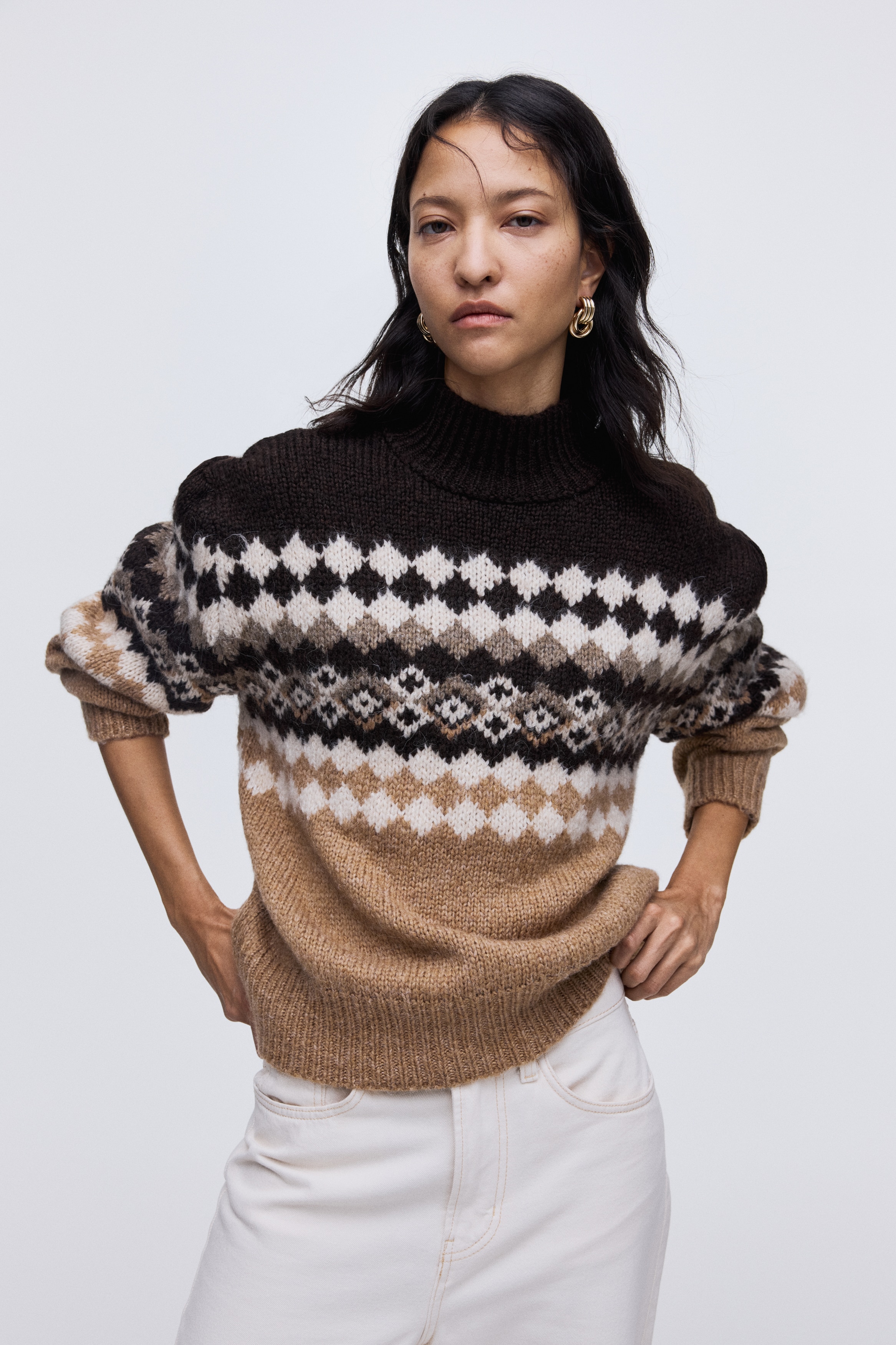 Jacquard-Knit Mock Turtleneck Sweater - Beige/Patterned