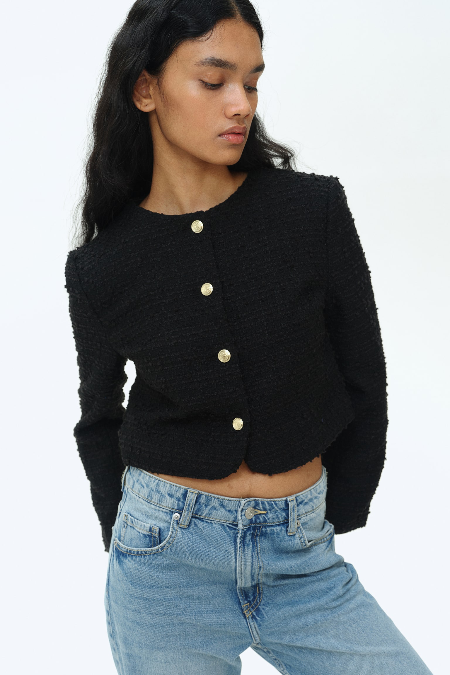 Short bouclé jacket - Black/Cream - 1