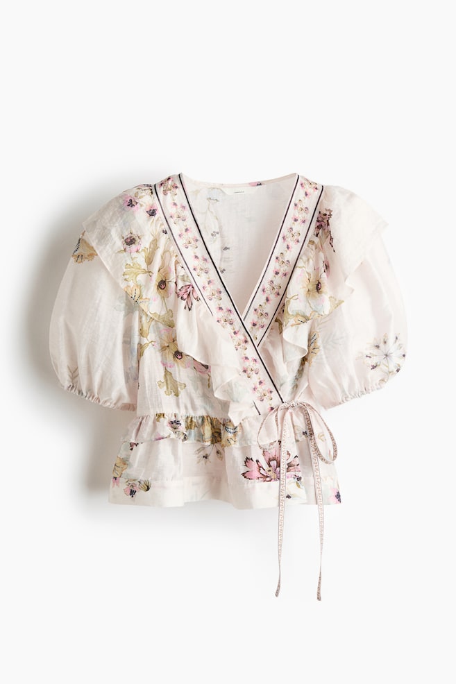 Linen-blend peplum top - White/Floral - 1