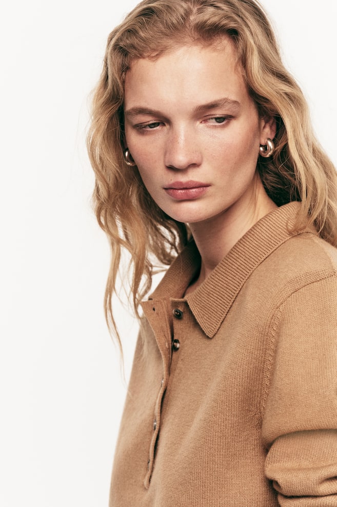 Shoulder-Pad Polo Sweater-Dark beige - 5