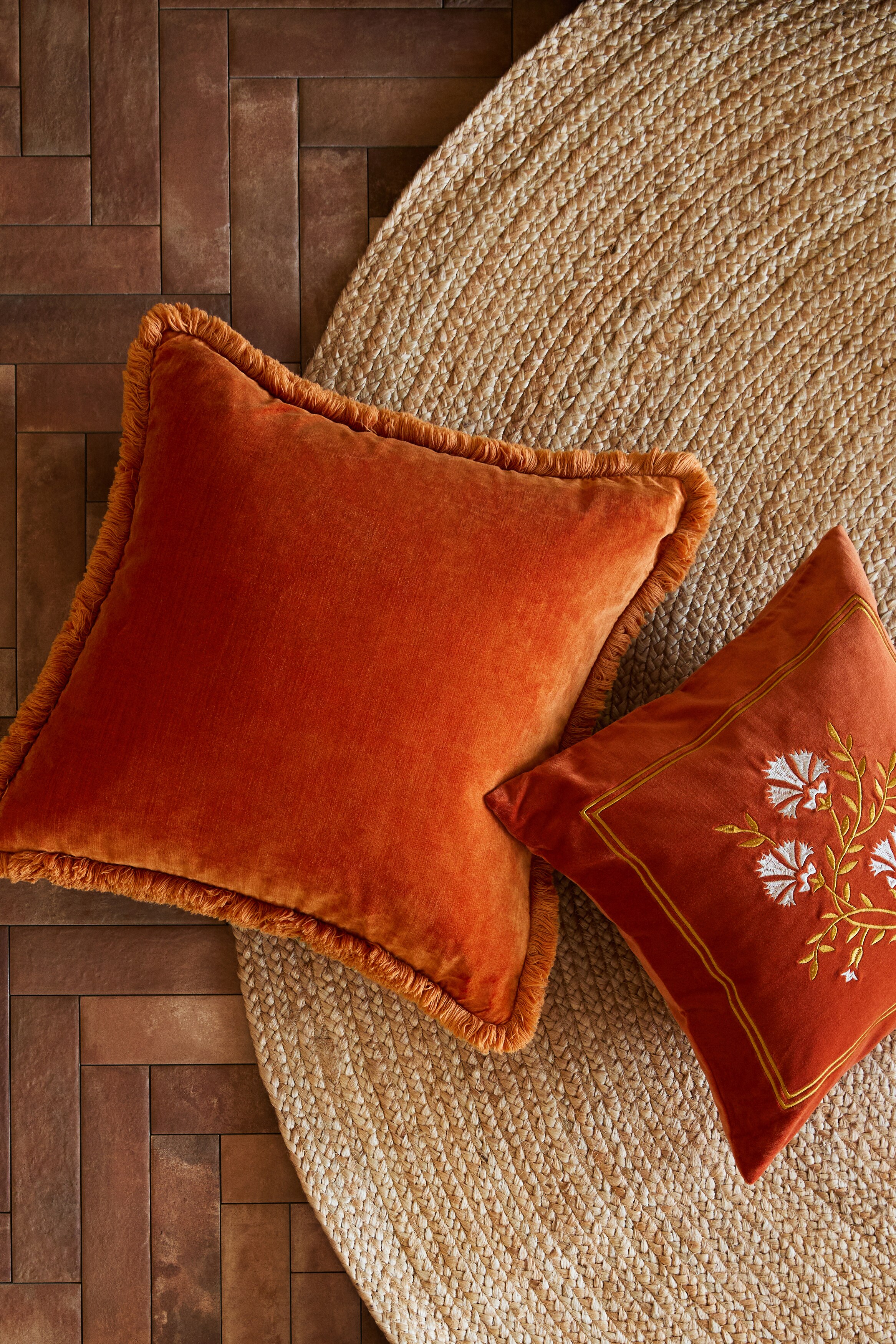 Fringed velvet cushion cover - Burnt orange