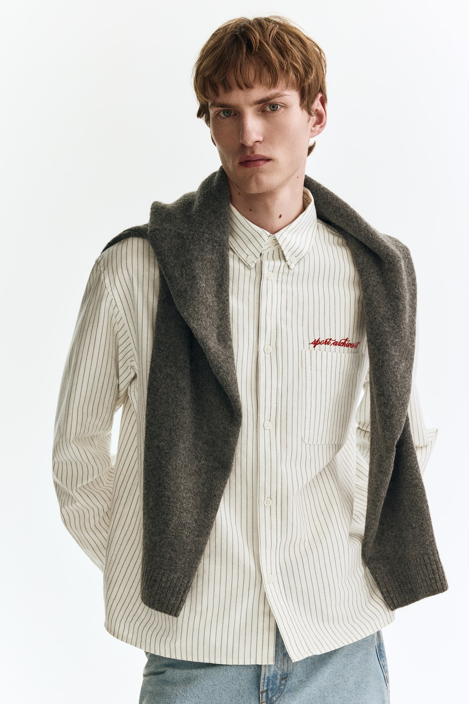 חולצת אוקספורד Loose Fit - לבן/פסים/כחול נייבי/פסים/ירוק כהה/פסים - 1