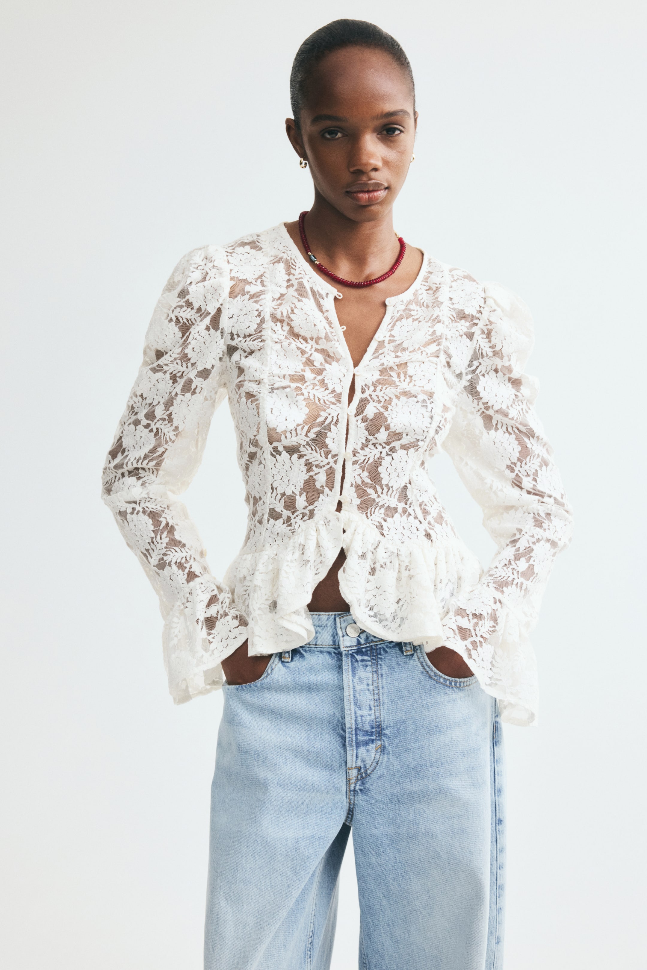 View larger image: Ruffle-Trimmed Lace Blouse - White - Ladies | H&M CA 1