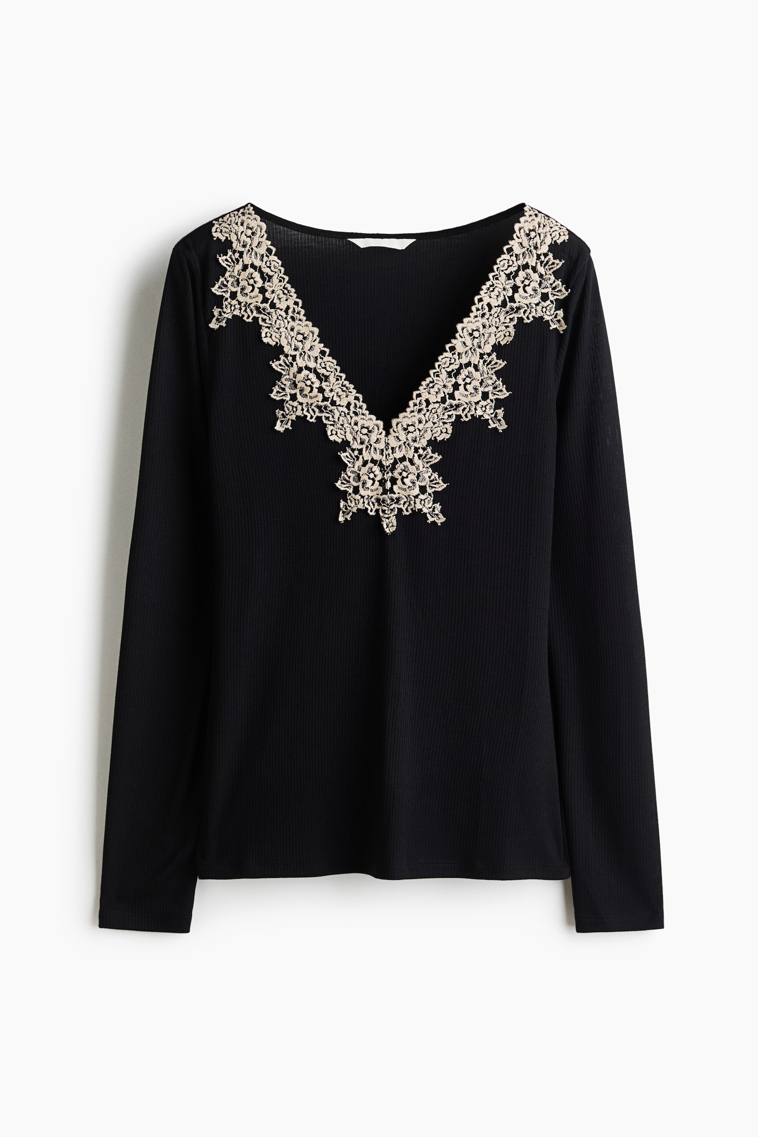 Lace-trimmed rib-knit top - Black/Cream