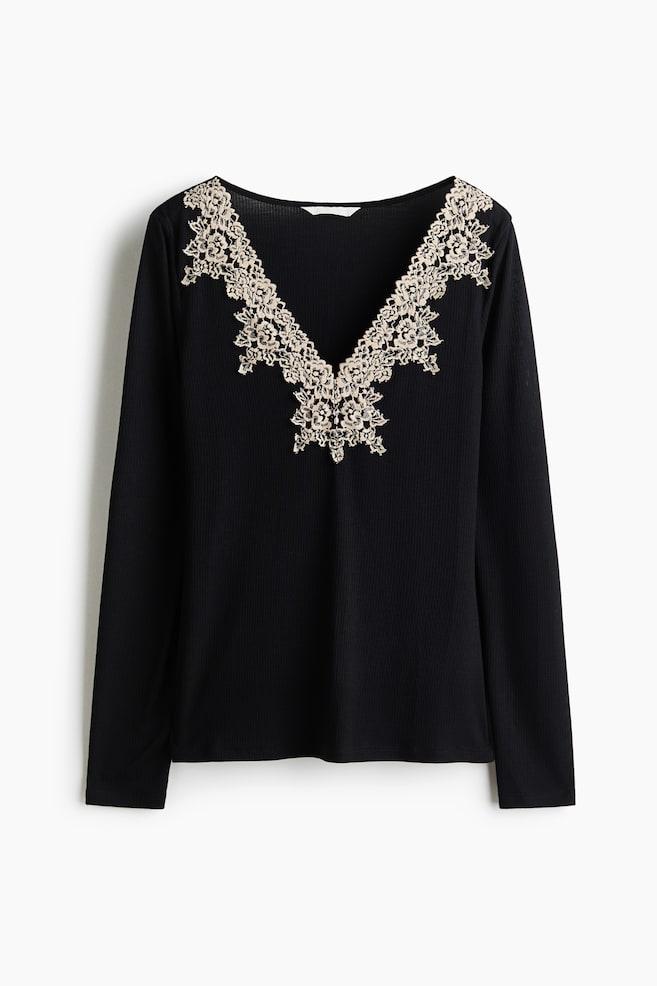 Lace-trimmed rib-knit top - Black/Cream - 1