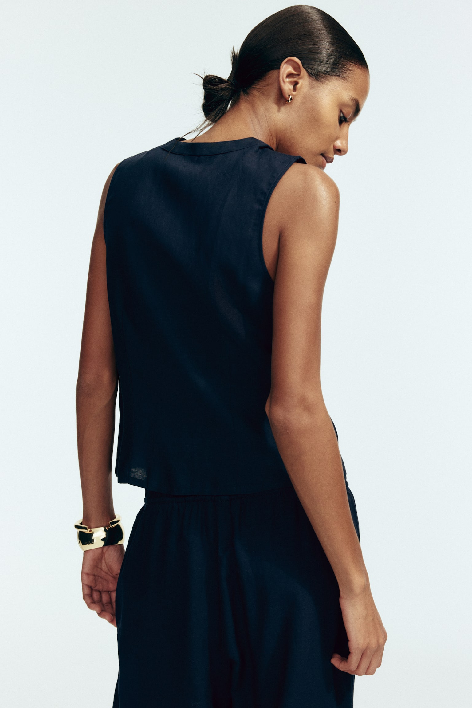 Sleeveless linen-blend shirt - Navy blue/Brown/White - 3