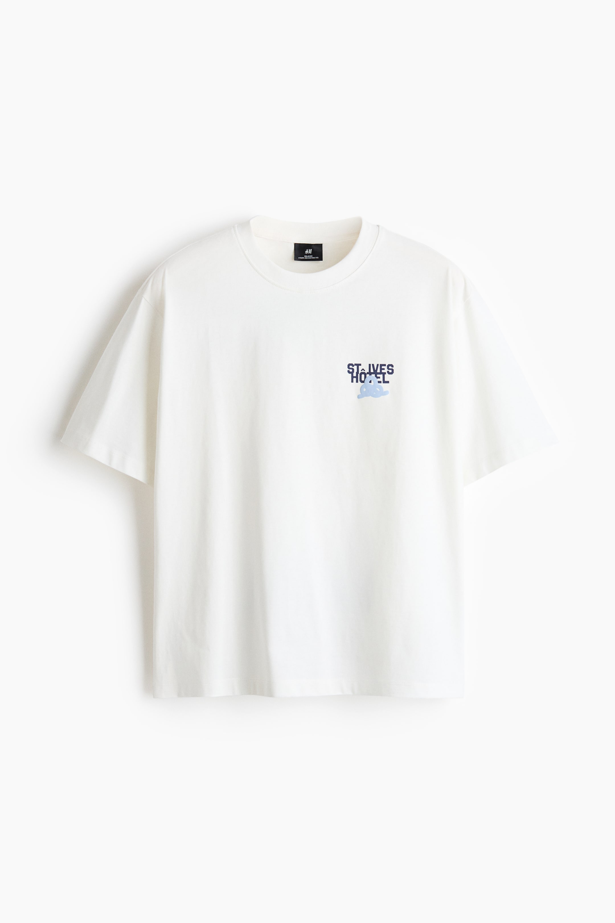 View larger image: The t-shirt is facing front, featuring a round, rib-trimmed neckline and dropped shoulders. It displays a graphic print on the upper left chest and shows a straight-cut hem with a relaxed fit.
