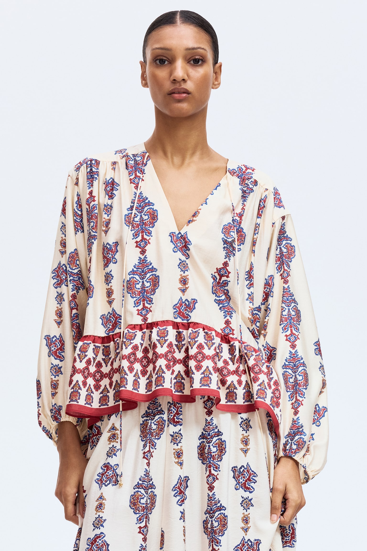 Flounce-trimmed blouse - Light beige/Patterned/Dark beige - 4