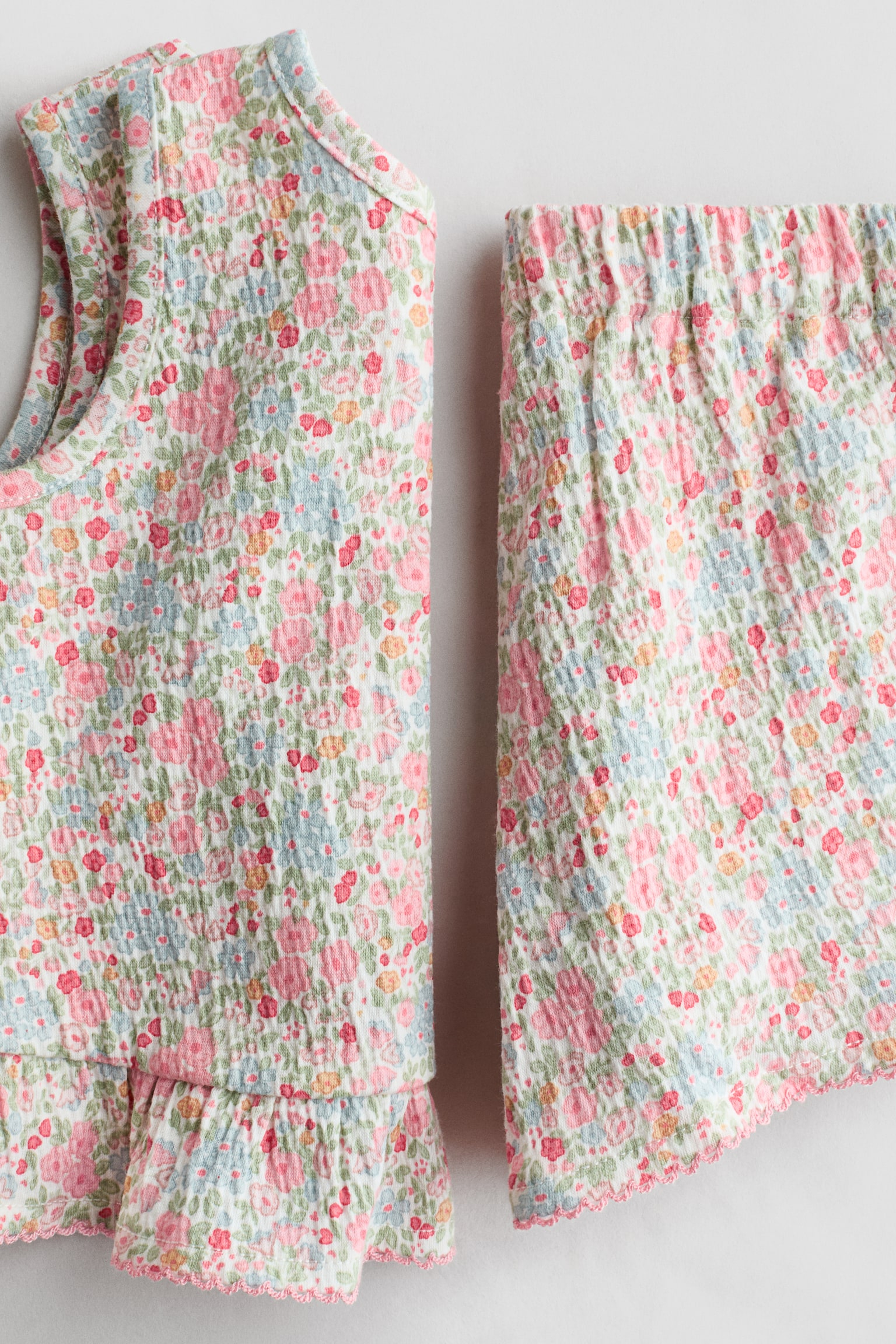 Conjunto de 2 piezas en algodón corrugado - Rosa claro/Floreado/Crema/Floreado/Blanco/Rayas azul claro - 2