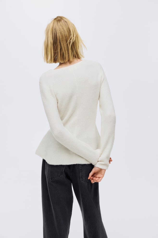 Rib-Knit Peplum Cardigan - Cream/Dark gray melange/Beige melange - 5