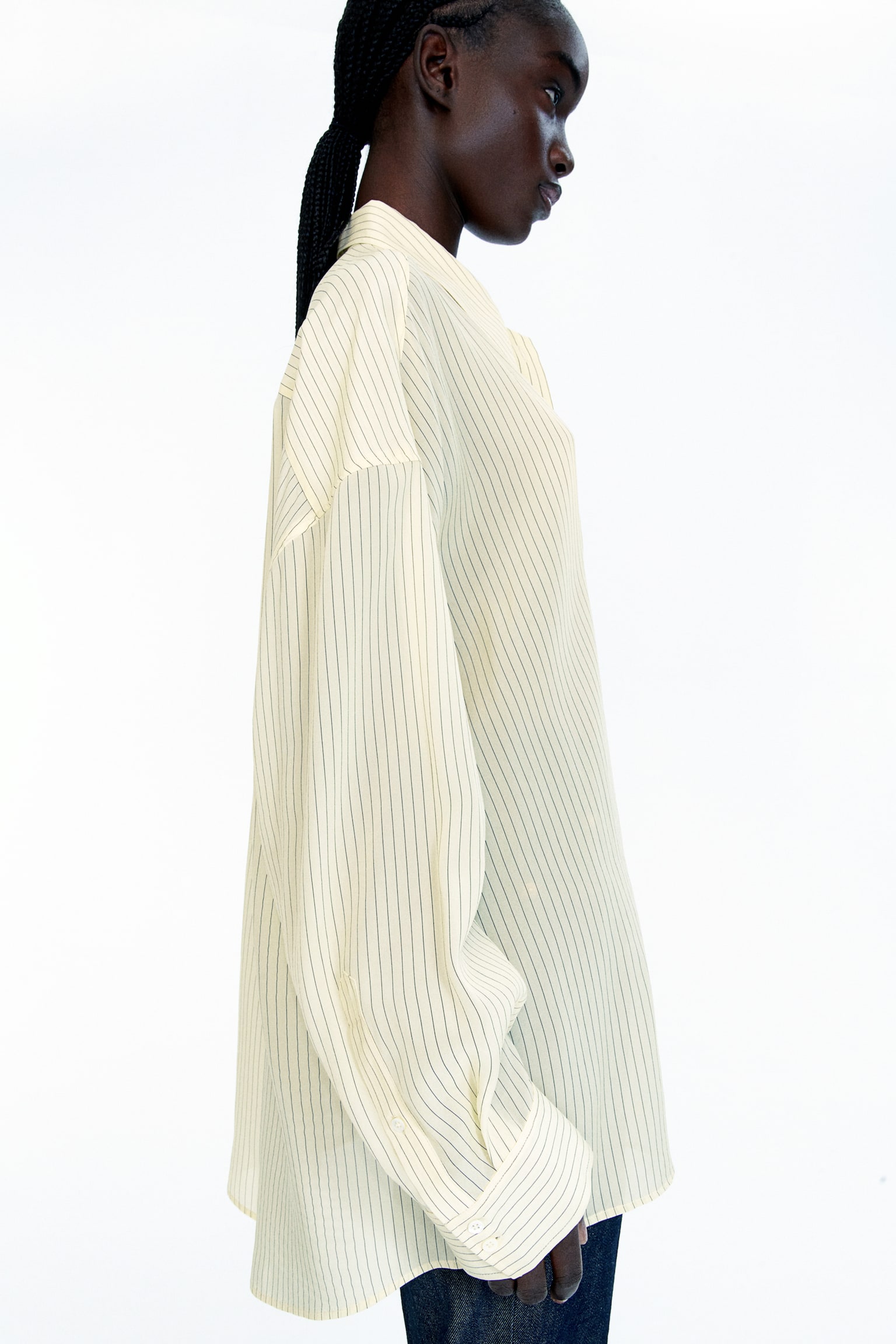 Oversized silk-blend shirt - Light yellow/Pinstriped - 4