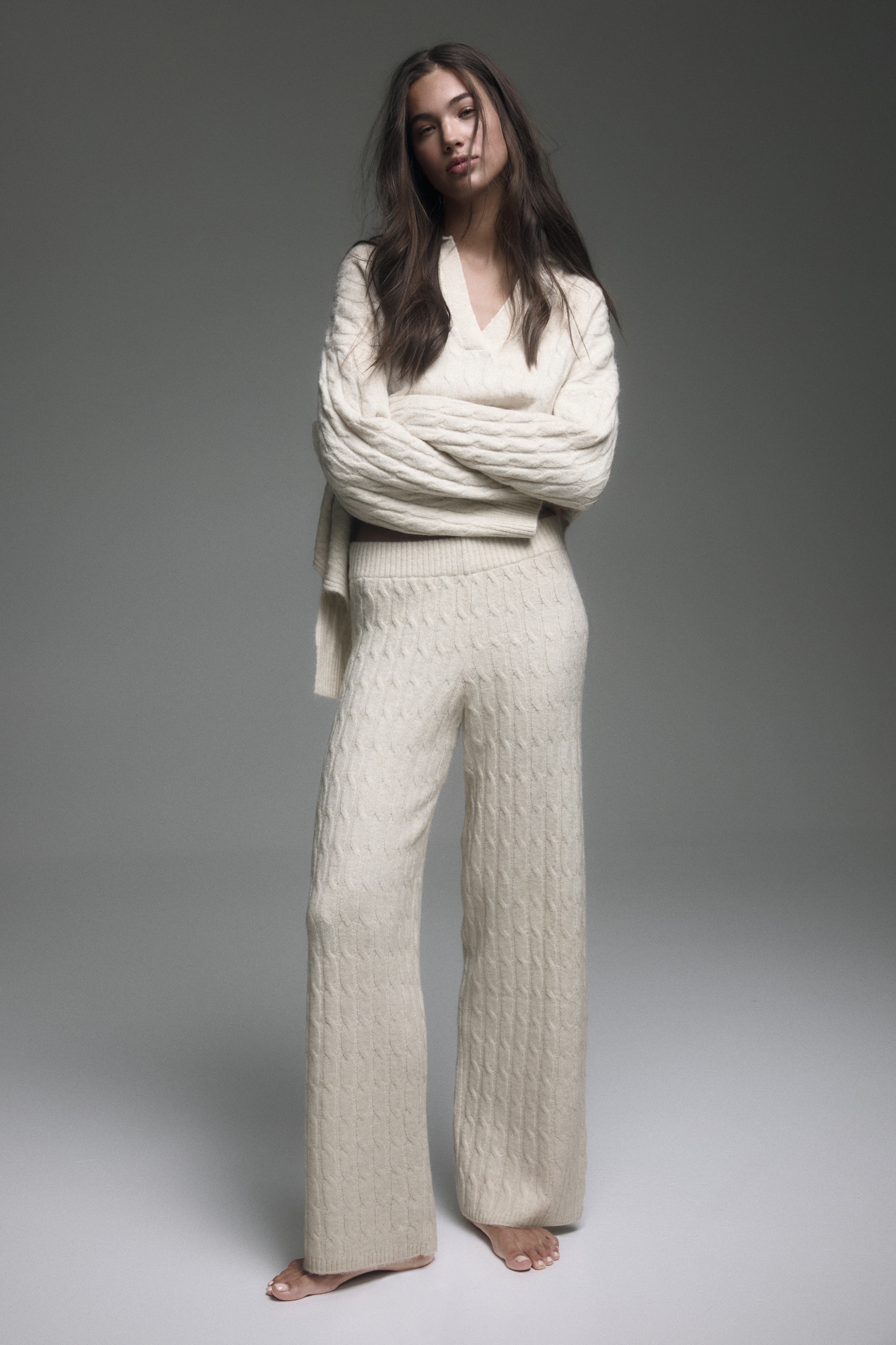 Pantaloni in maglia a trecce - Beige chiaro