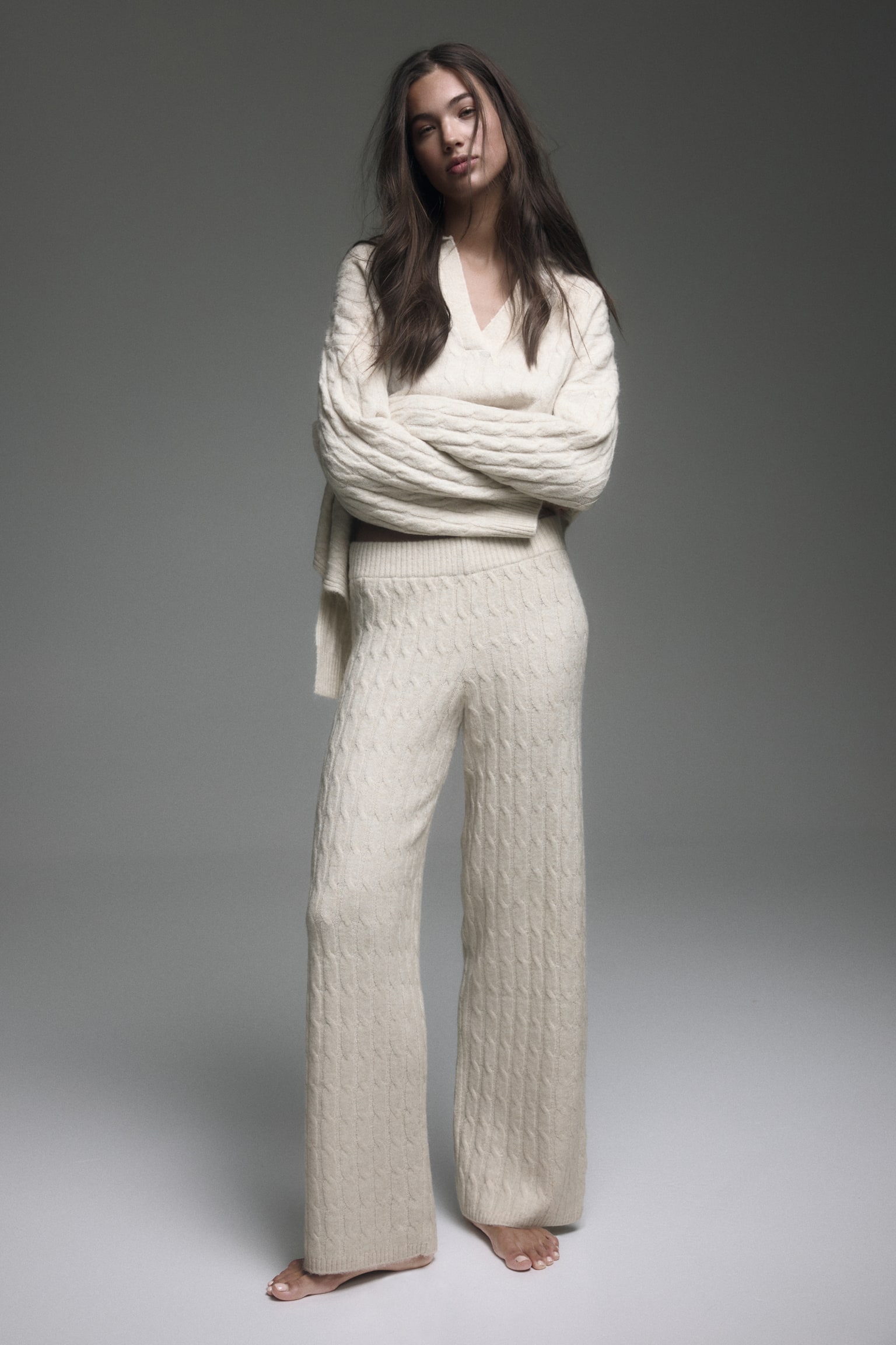 Cable-knit trousers - Beige claro - 1