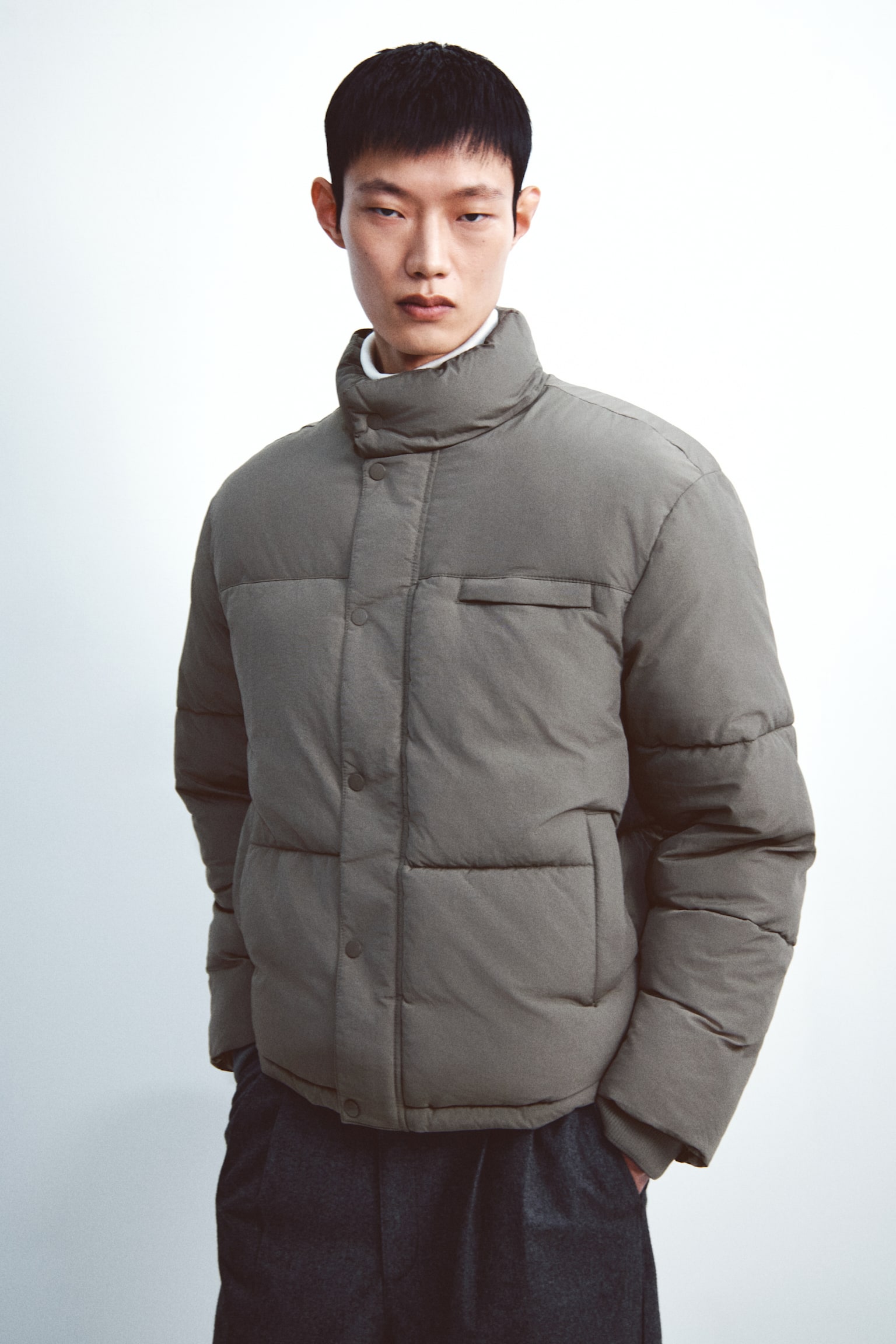 ナイロンパファージャケット - カーキグリーン/ダークブラウン - 5