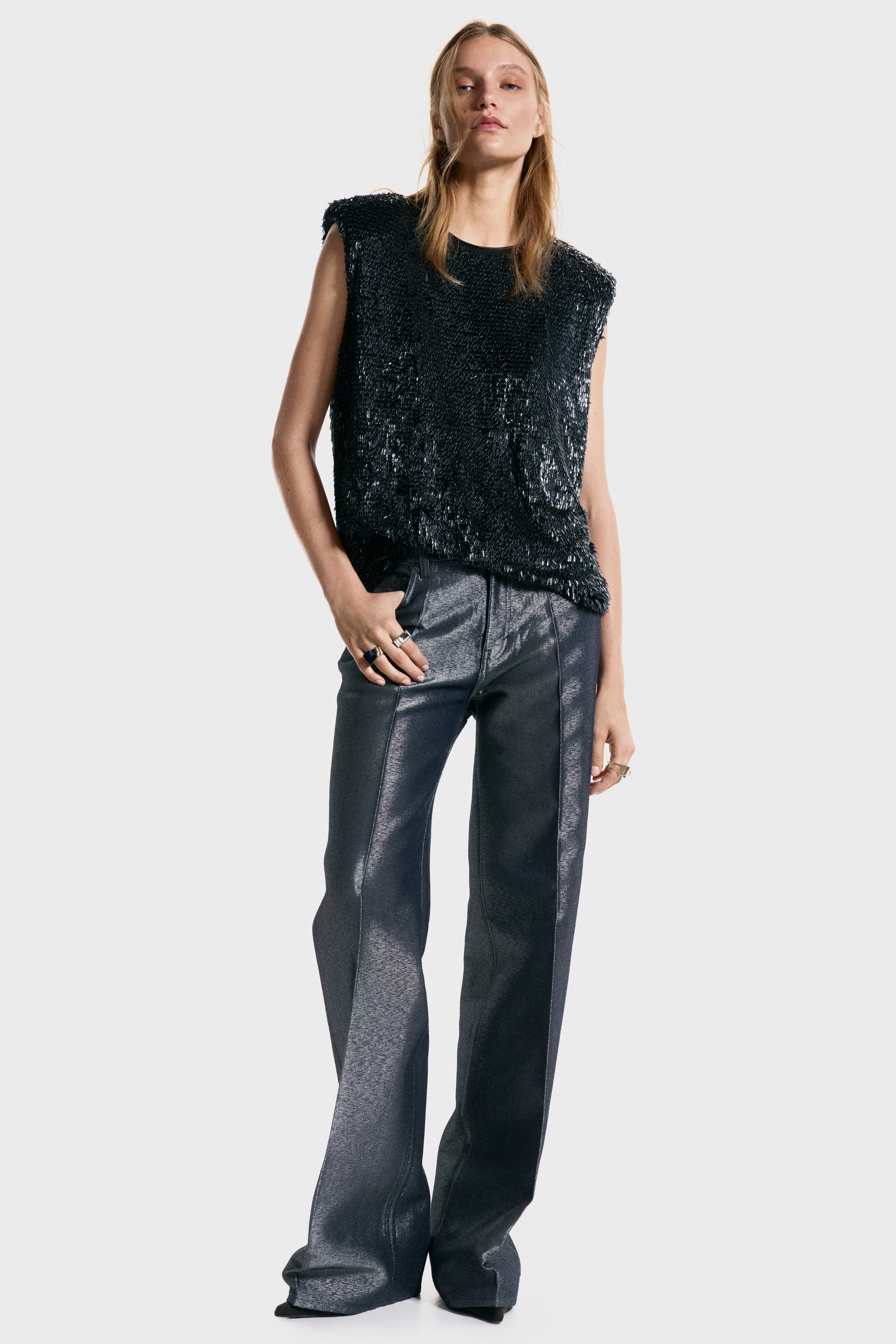 Sequined shoulder-pad top