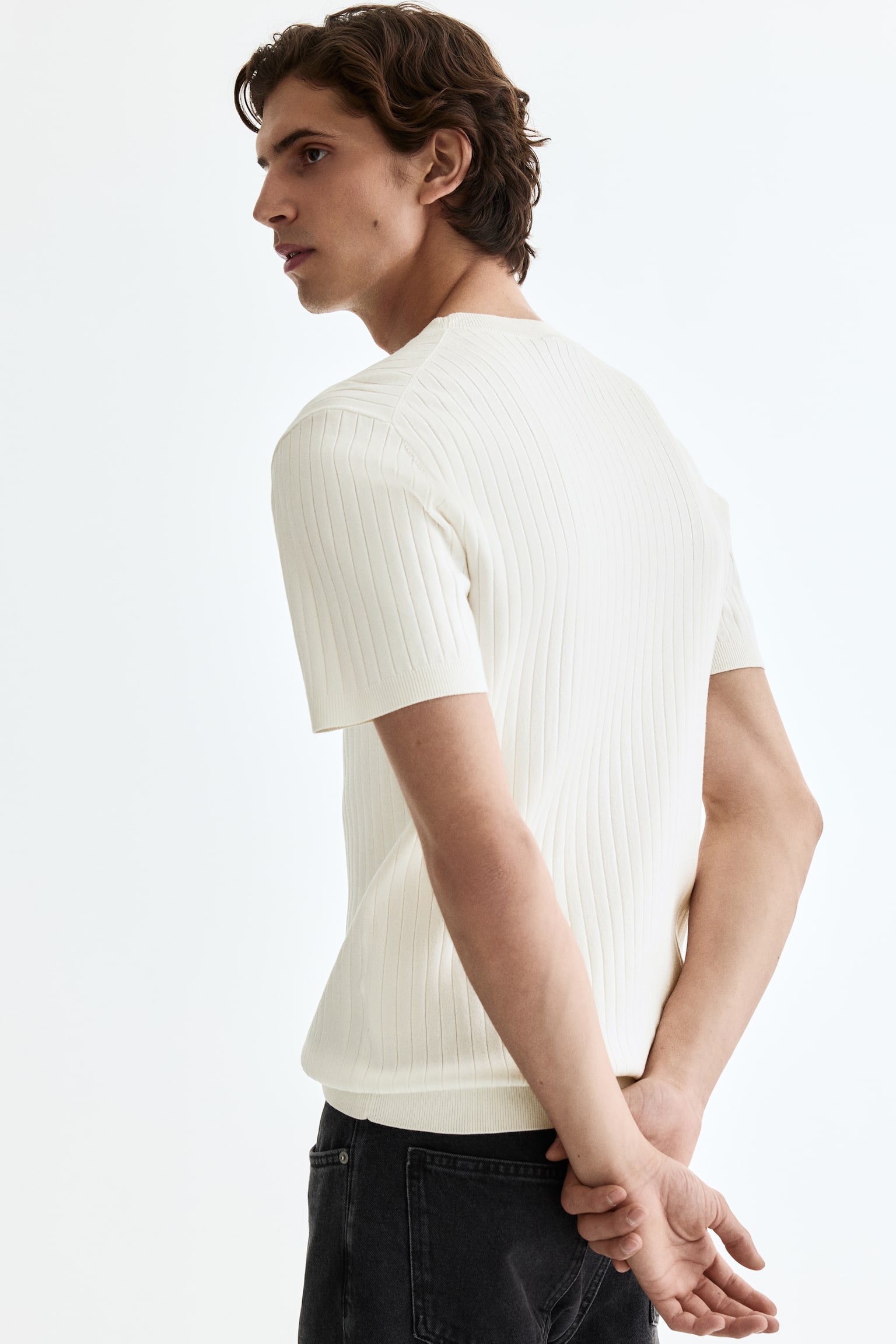 Slim Fit Knitted T-shirt - Cream/Black - 4