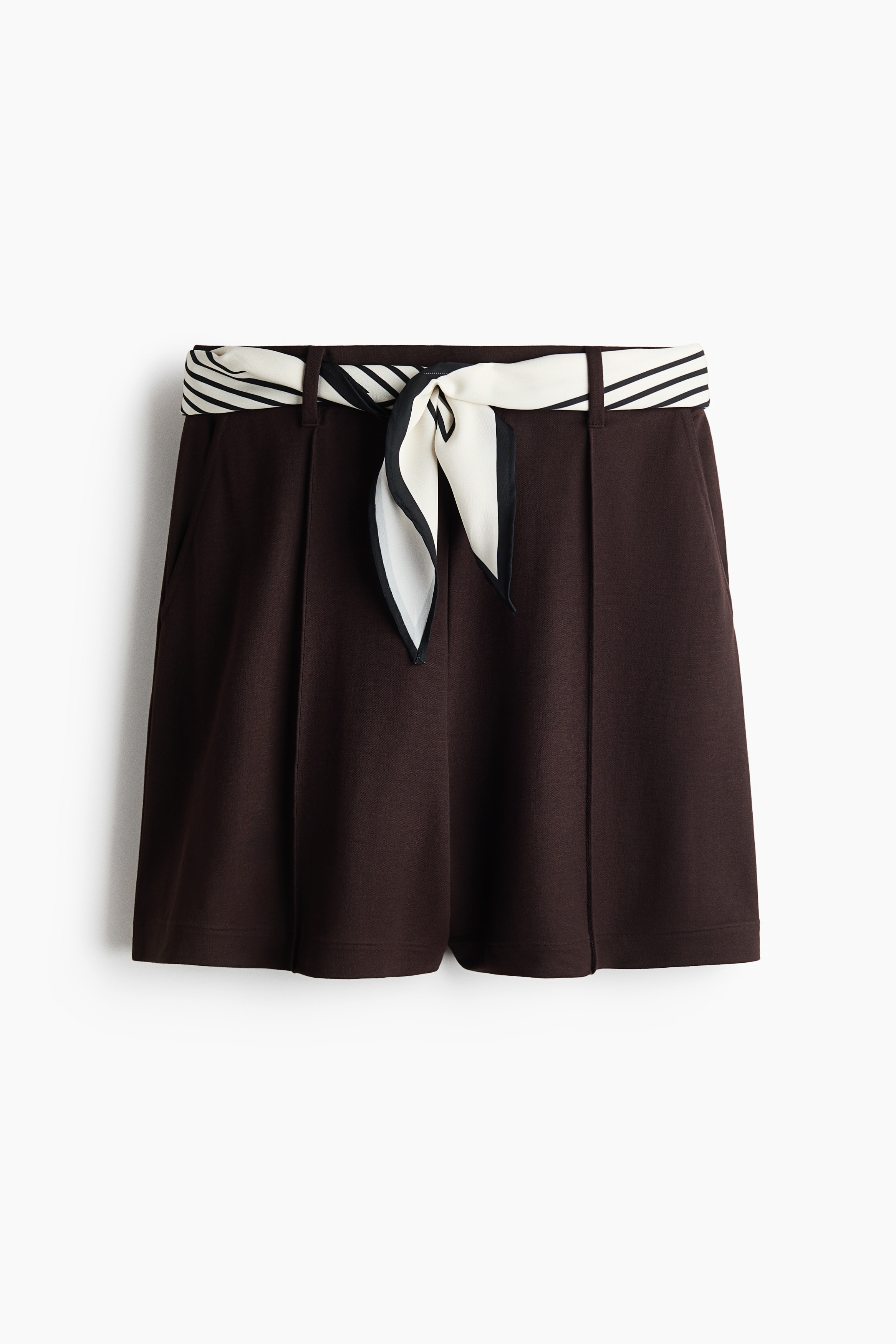 Belted tailored shorts - Dark brown/Beige/Cream