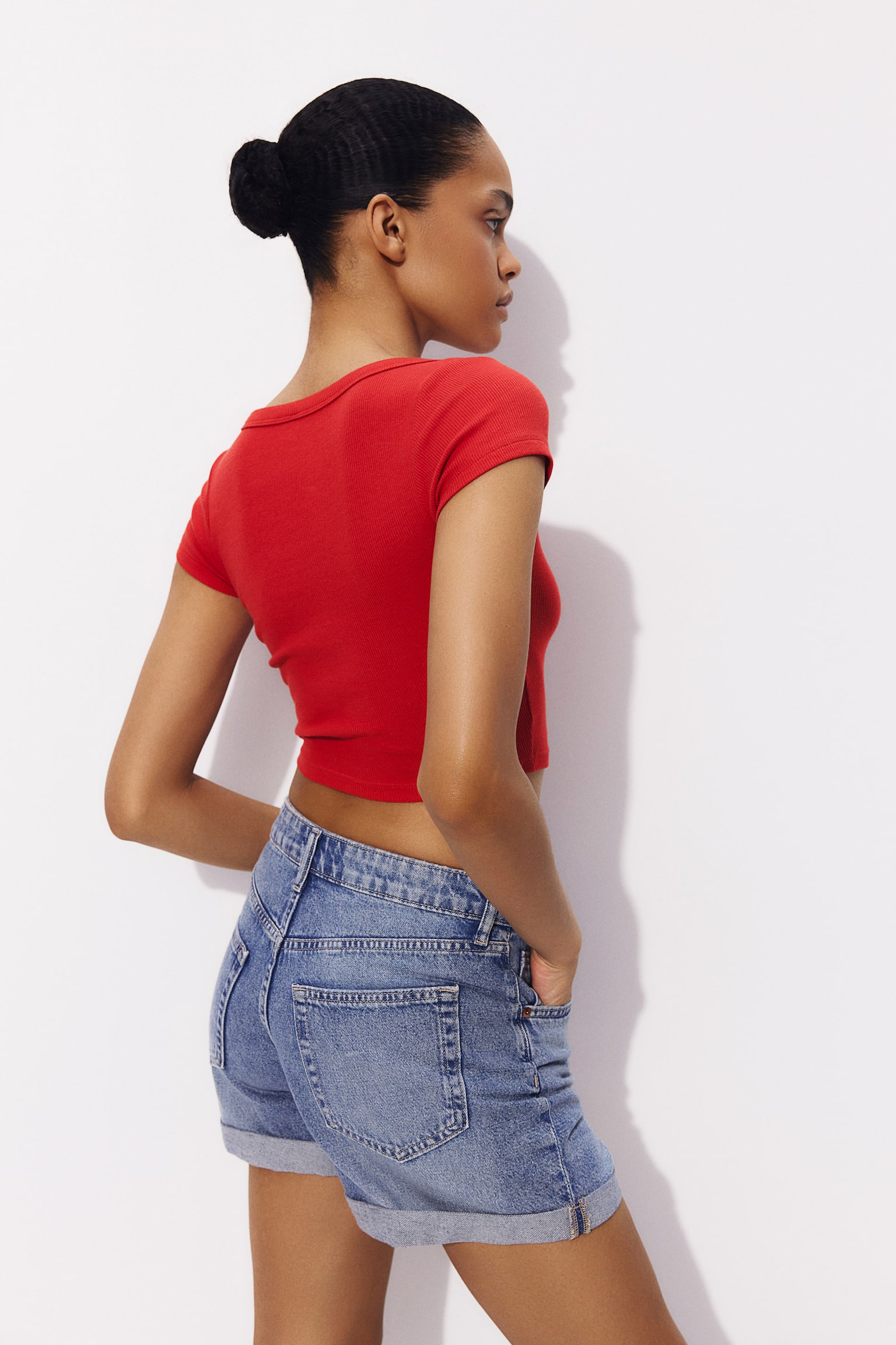 Cropped ribbed T-shirt - Red/Black/White/Light grey marl/Navy blue/Light grey - 5