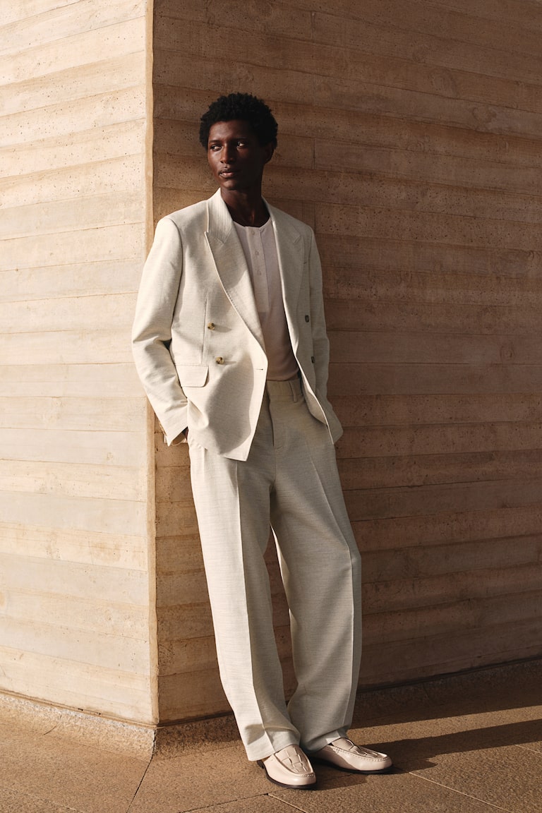 Pantaloni da completo in misto lino Loose Fit Beige chiaro