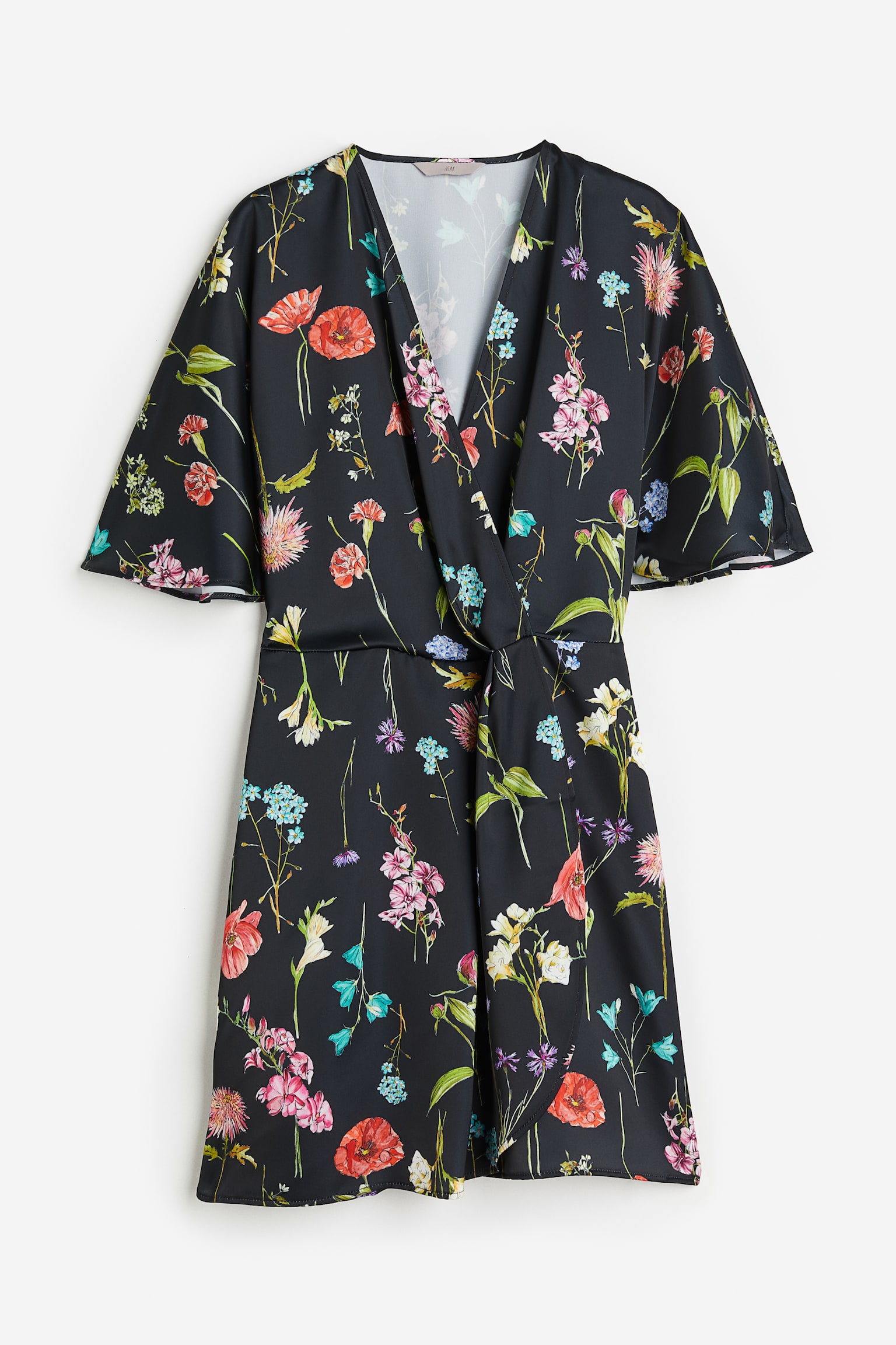 Женское платье H&M Satin Wrap-front, цвет: Чёрный / С принтом — фото 1