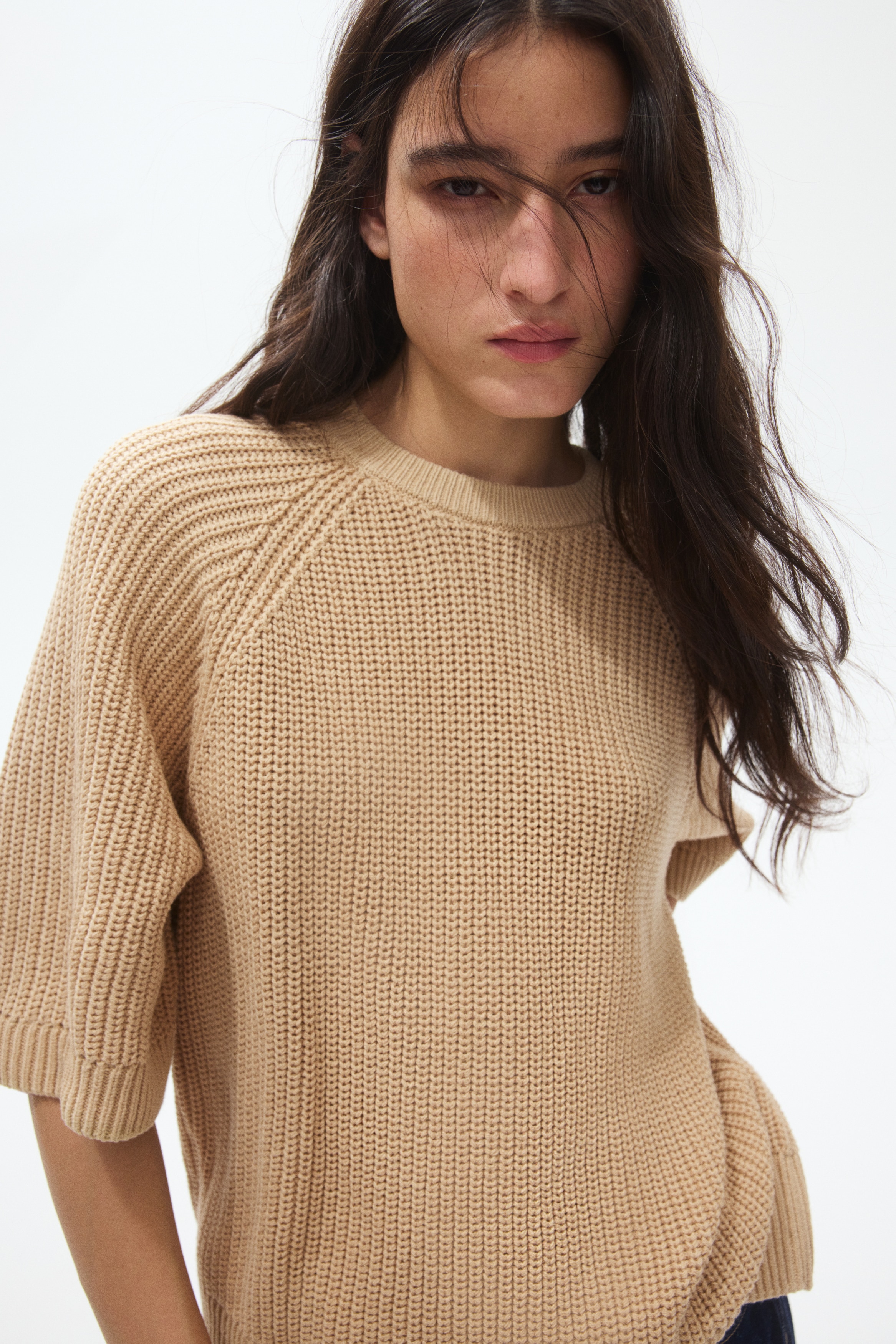 Short Sleeve Sweater - Beige/Light beige/Navy blue