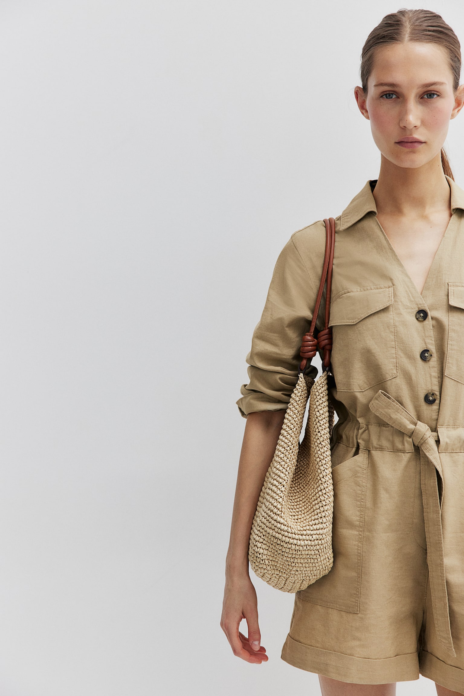 Linen Blend Cargo Playsuit - Beige - 4