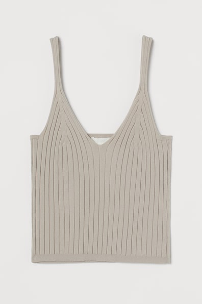 Rib-knit strappy top - Deep neckline - Sleeveless - Light greige ...