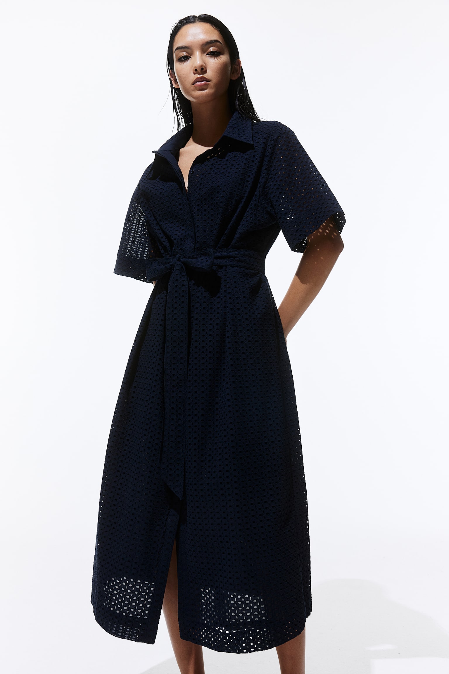 Broderie anglaise shirt dress - Navy blue/White - 1