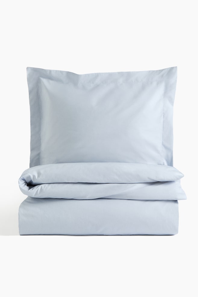 Twin Cotton Percale Duvet Cover Set - Light dusty blue/White/Light taupe/Beige - 1