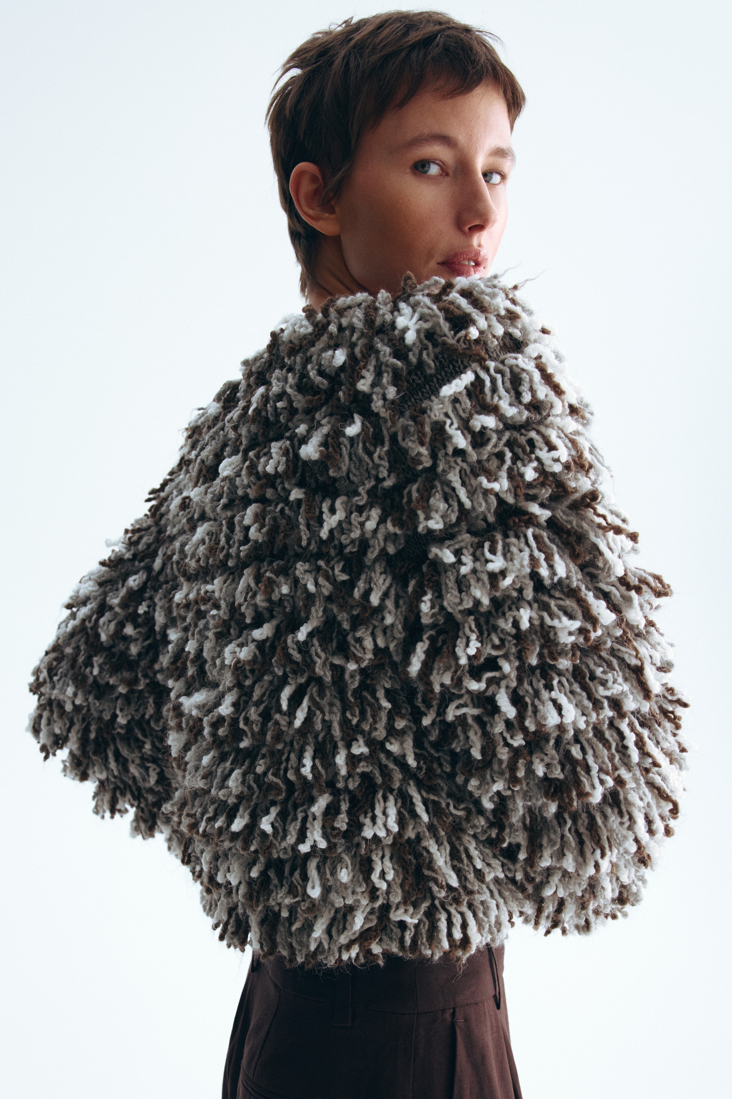 Džemper od bukle pletiva s rajsferšlusom - Smeđa/bela