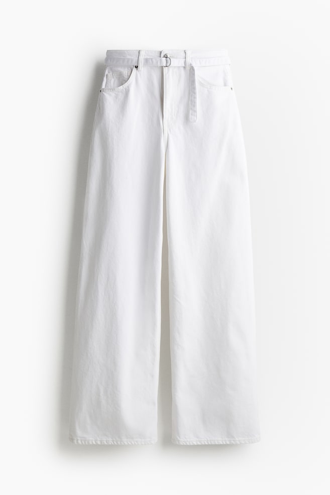Wide-Leg Belted Jeans - White - 1