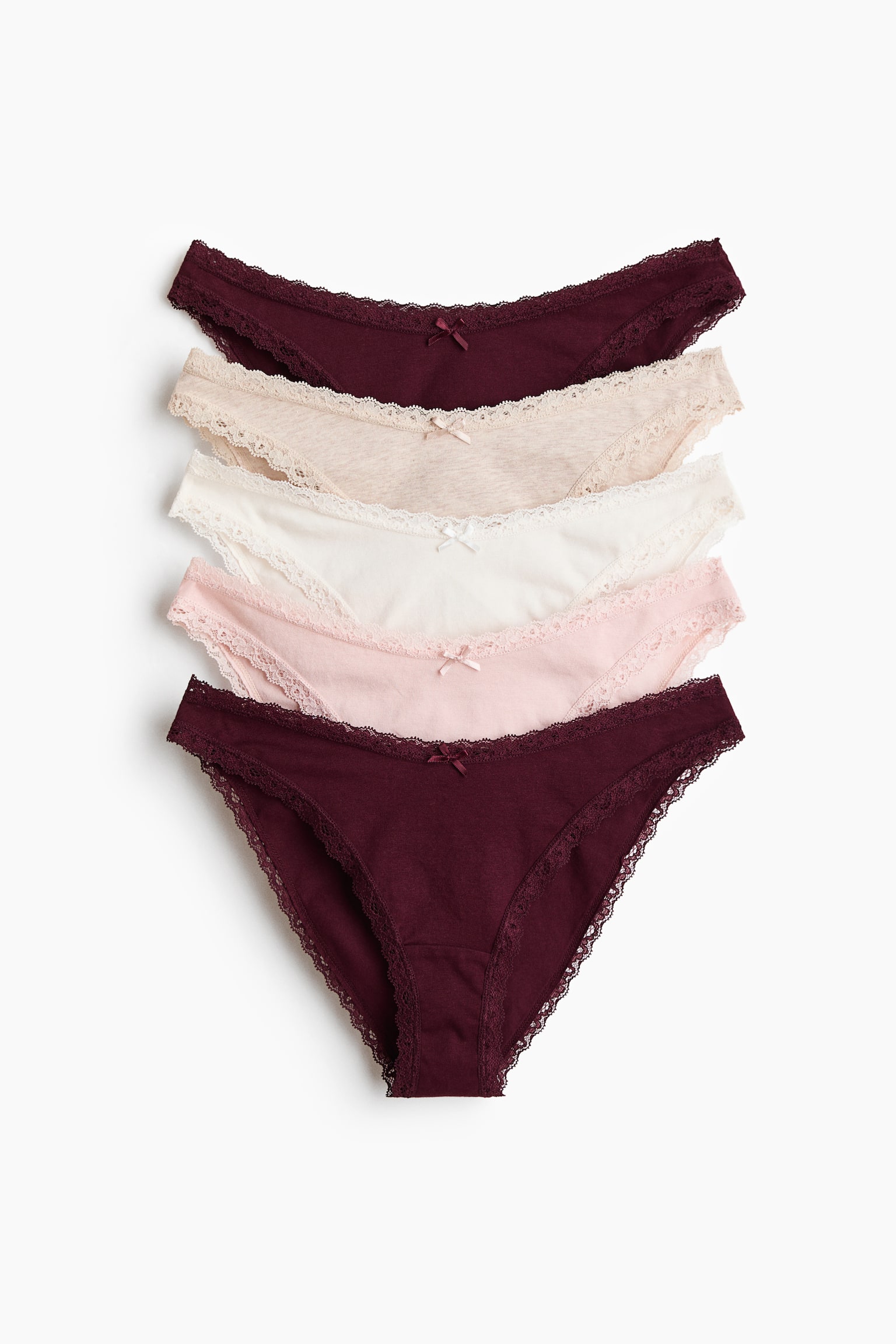 5-pack lace-trimmed cotton briefs - Burgundy/Light pink/Black/Light blue/Dark brown