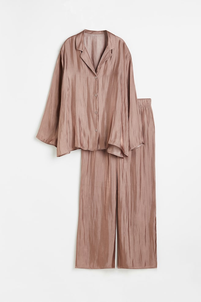 Satin pyjama shirt and bottoms - Dark beige/Dark grey - 1