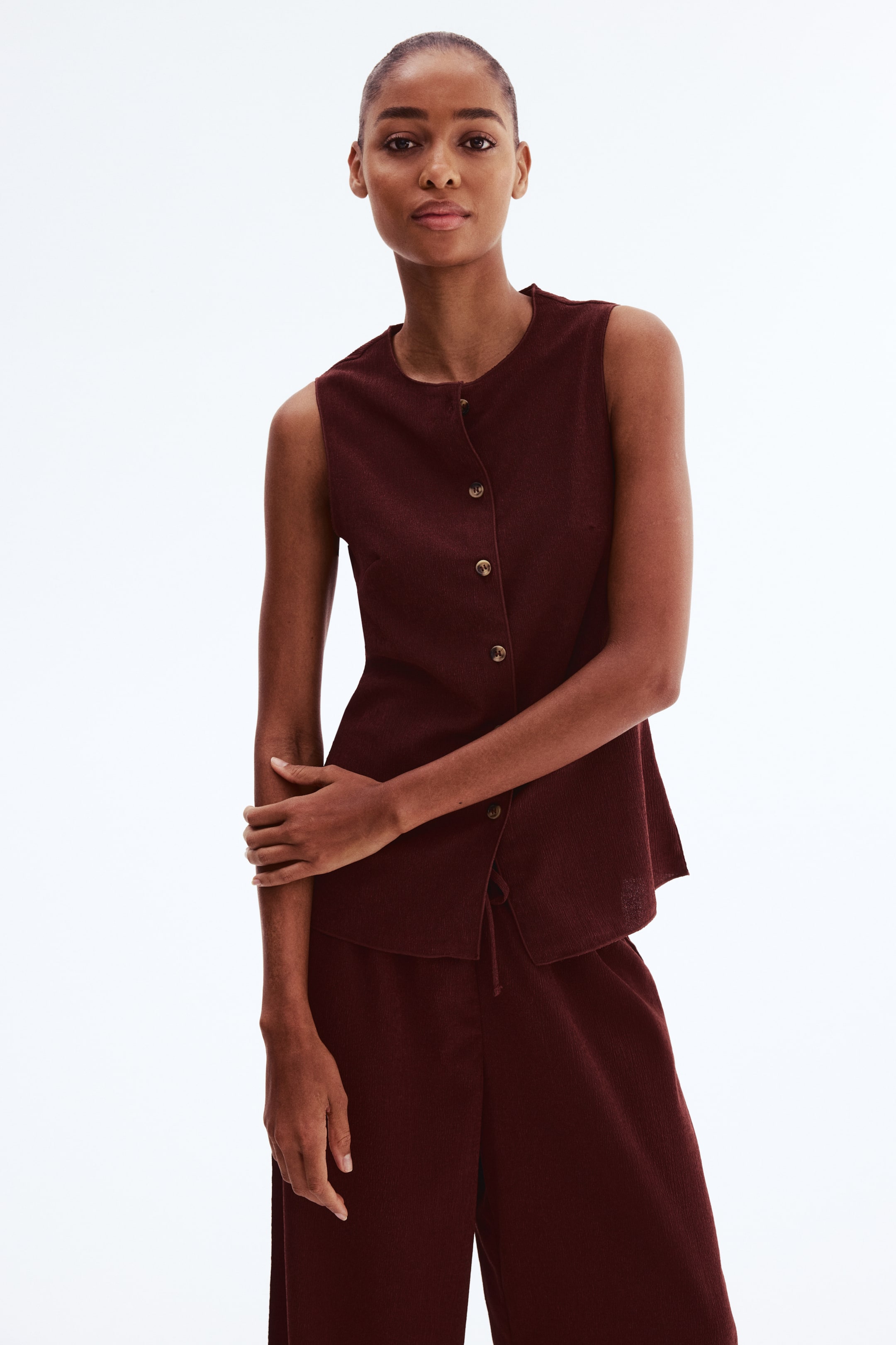 View larger image: Crinkled jersey waistcoat - Dark brown - Ladies | H&M SG 1