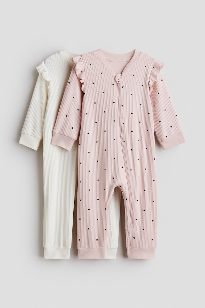 2-Pack Cotton Pajama Jumpsuits - Light pink/white/Dark beige/striped/Light pink/floral - 1